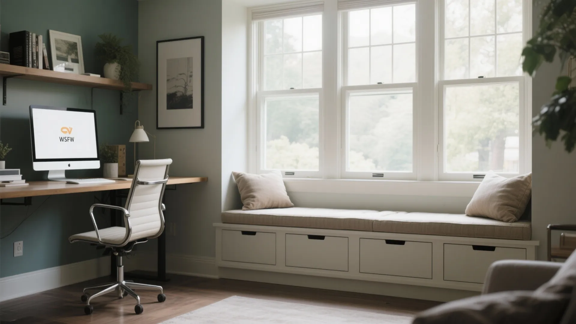 Modern home office featuring a wooden desk white chair and large window bench with storage drawers