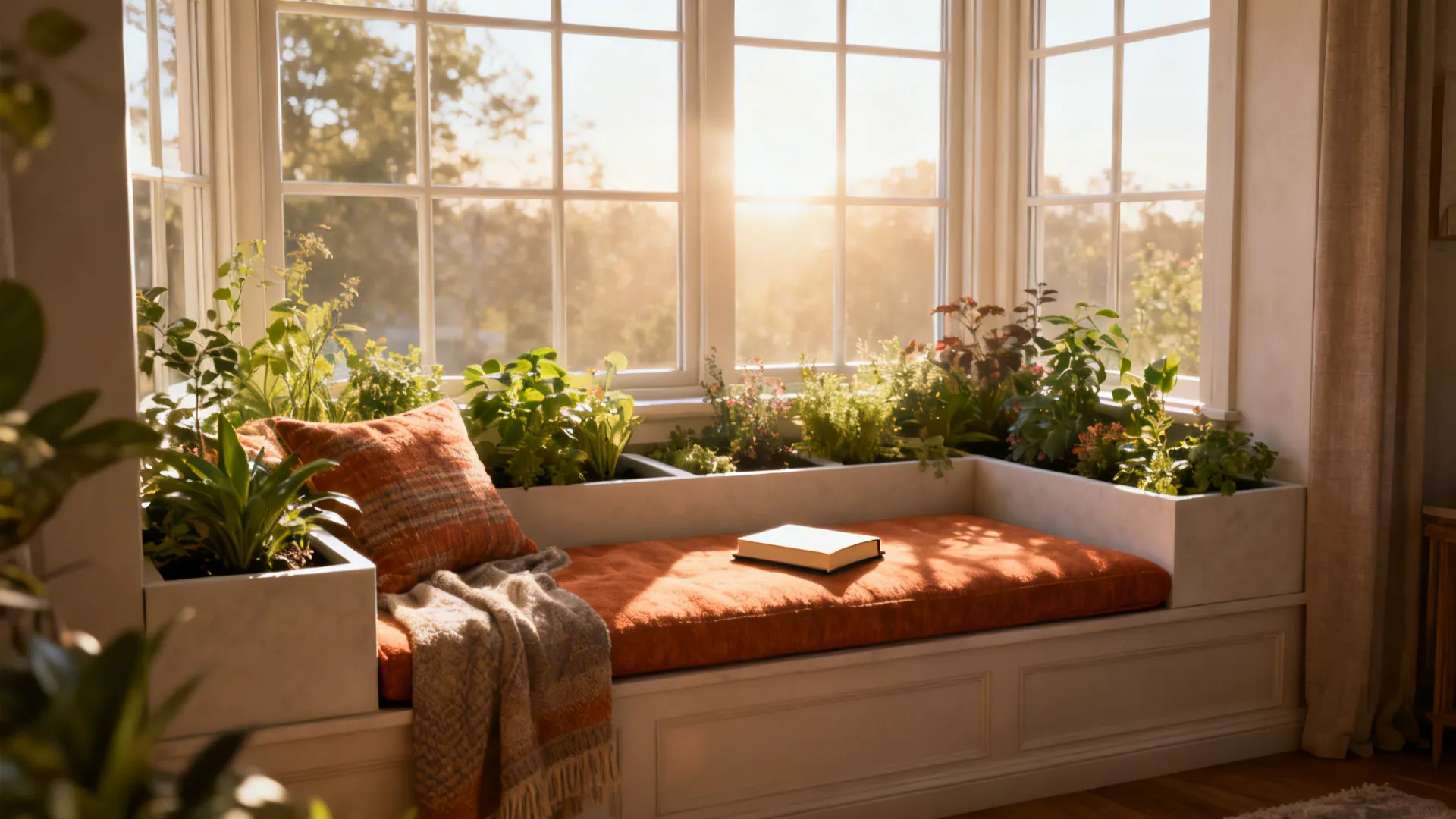 Sunlit window bench with integrated planters and cozy cushion in a small living room.