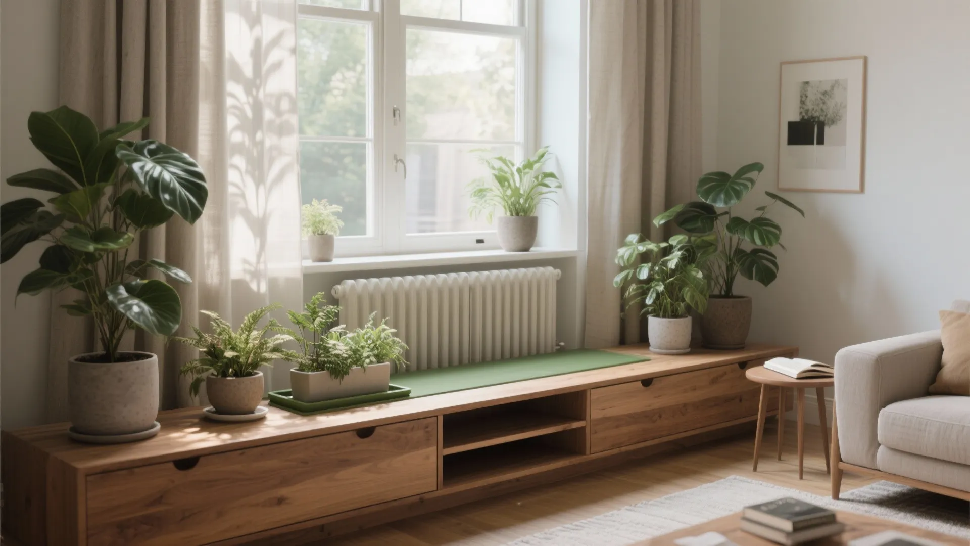 Long wooden cabinet by window with green potted plants under natural light in a bright room