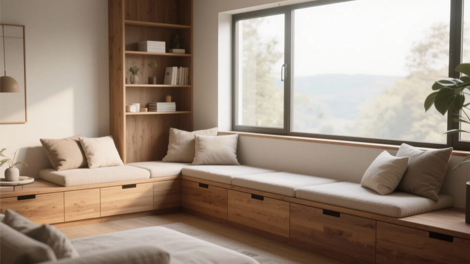 Modern wooden window bench with soft cushions and pillows next to a tall wooden bookshelf