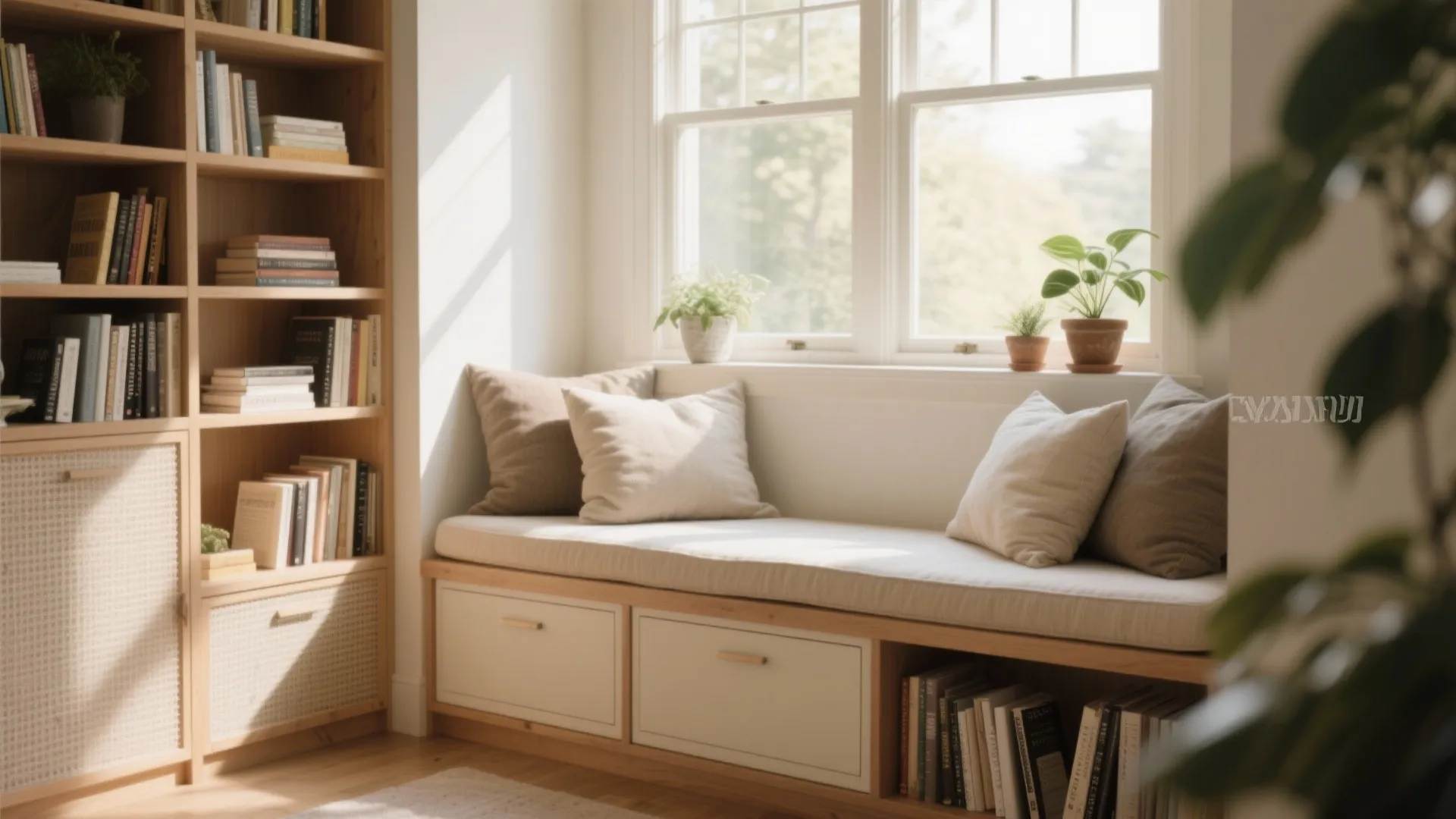 Cozy window seat with white cushions pillows and storage drawers next to large wooden bookshelf