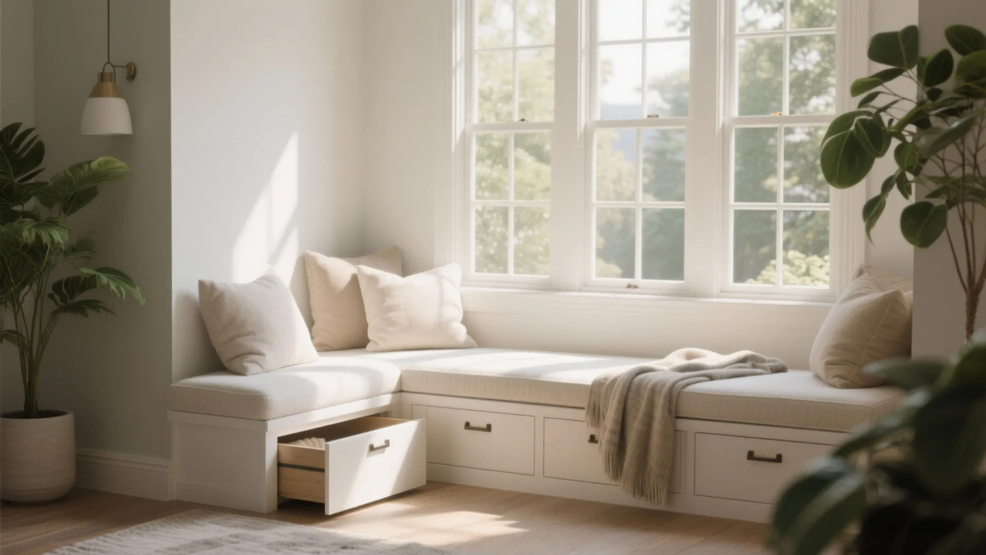Bright corner with white window bench seat featuring built in storage drawers cushions and blanket