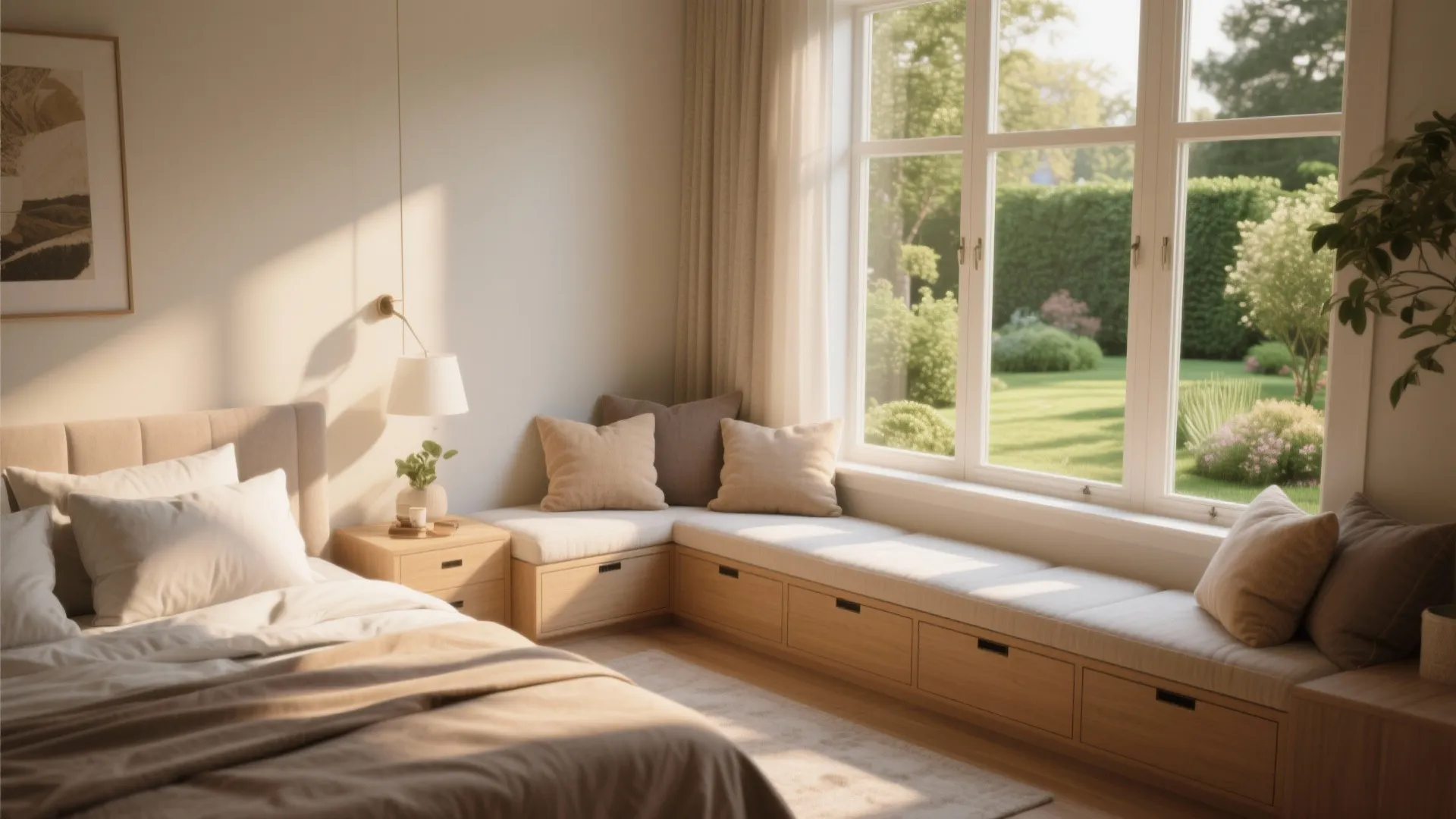 Cozy bedroom with wooden window bench including storage drawers soft cushions and a garden view