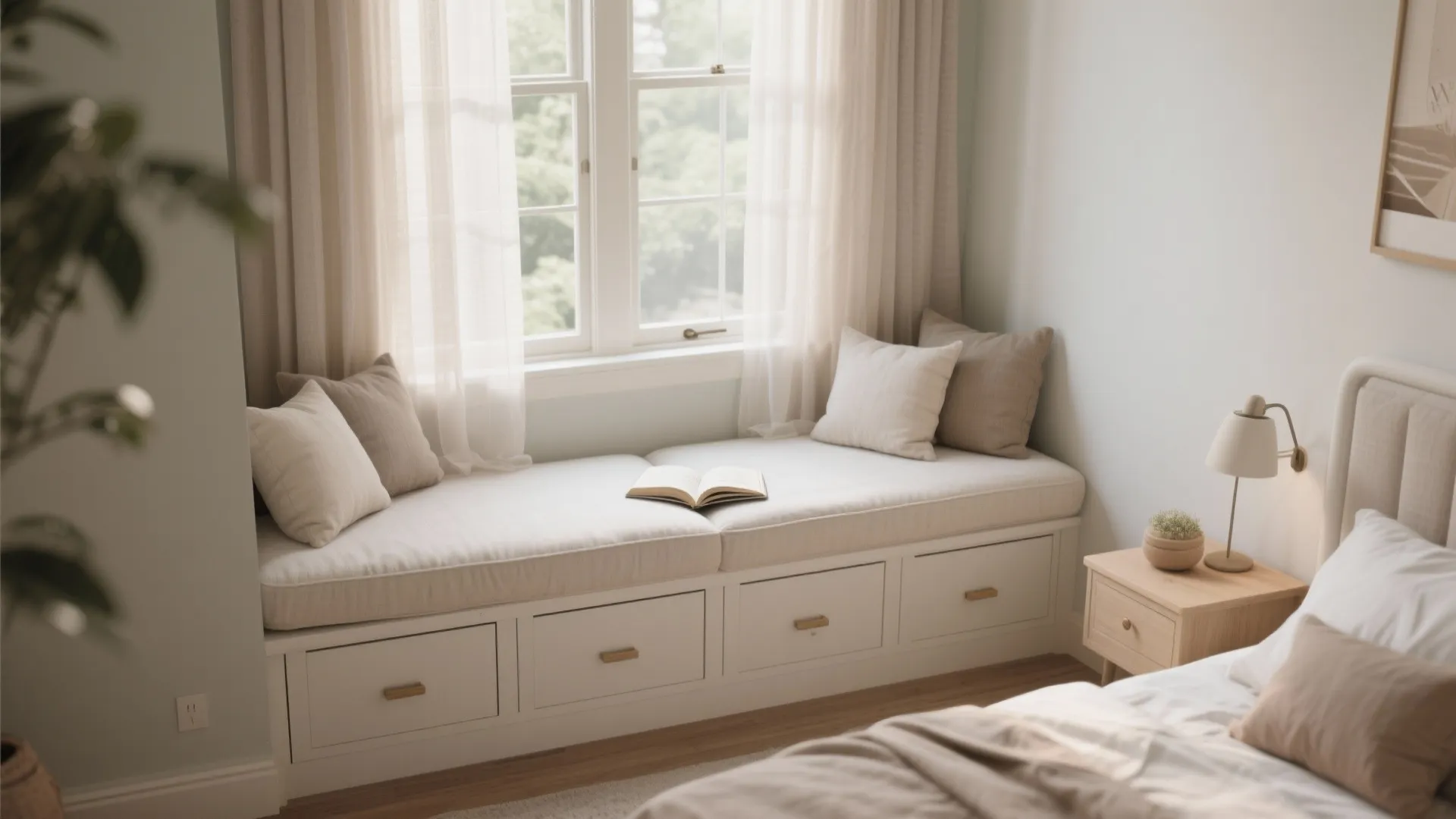 Built-in window seat with storage drawers featuring cushions pillows and a book in a bedroom