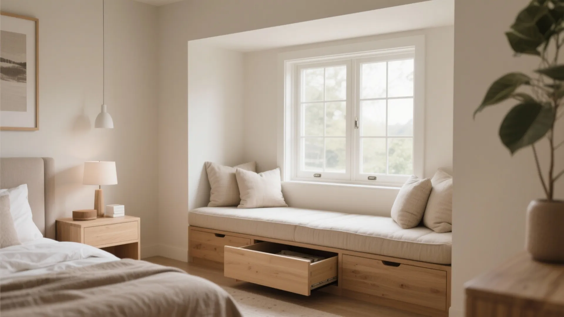 Modern bedroom featuring a wooden window bench with built in storage drawers and soft beige cushions