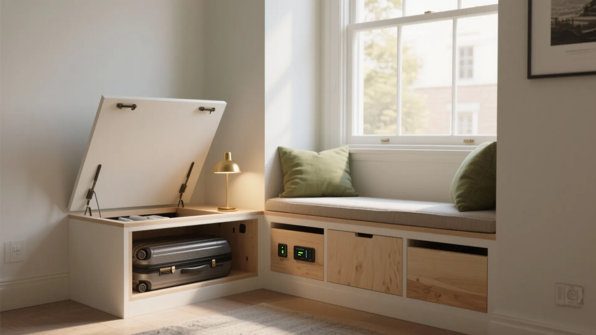 Built-in window seat with green pillows and storage cabinet containing a suitcase in bright room