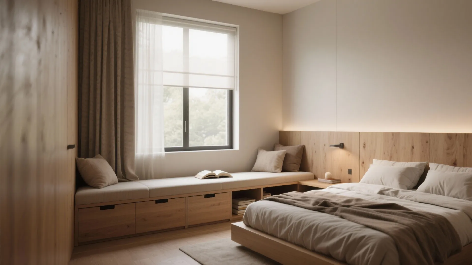 3. Bed-to-window bench and low profile storage