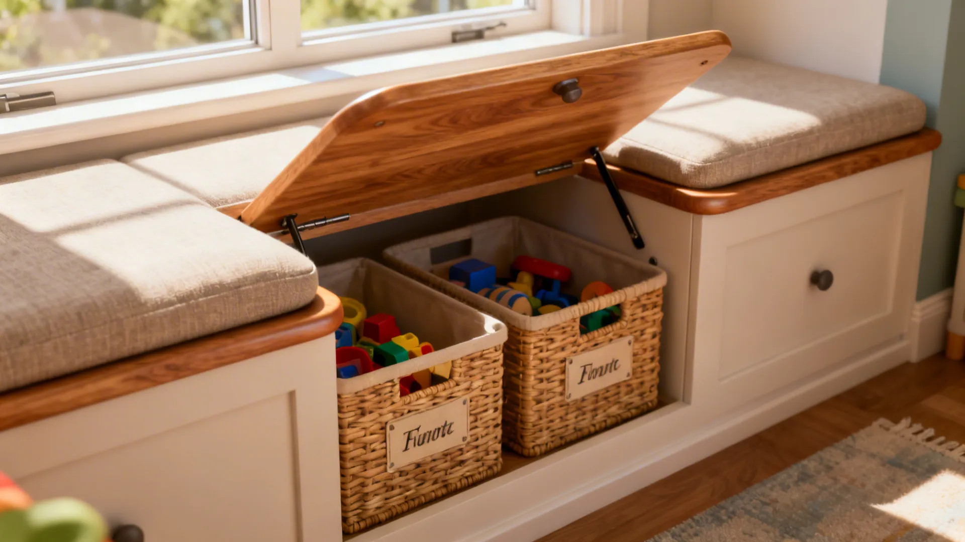 Built-in window bench with soft-close lid and removable toy bins inside.