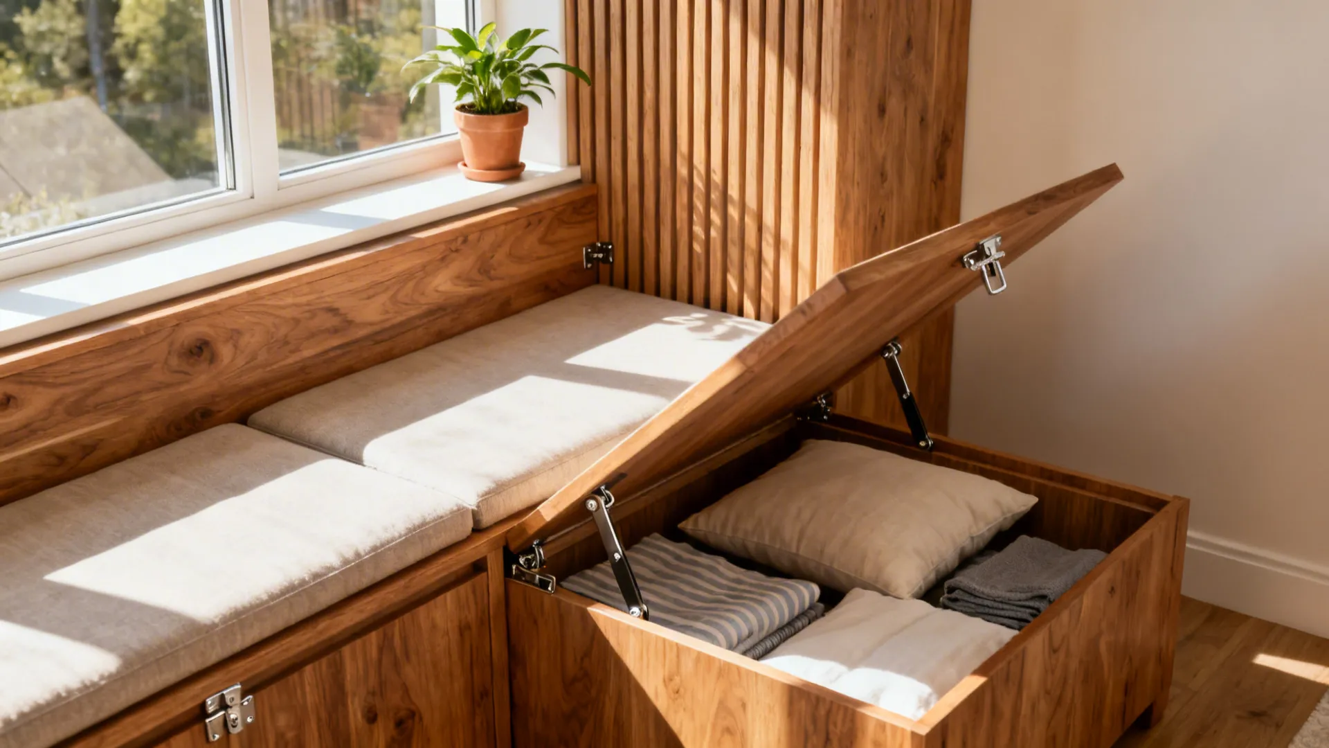 Built-in window bench with lift-up storage and thin cushions in a compact living space.
