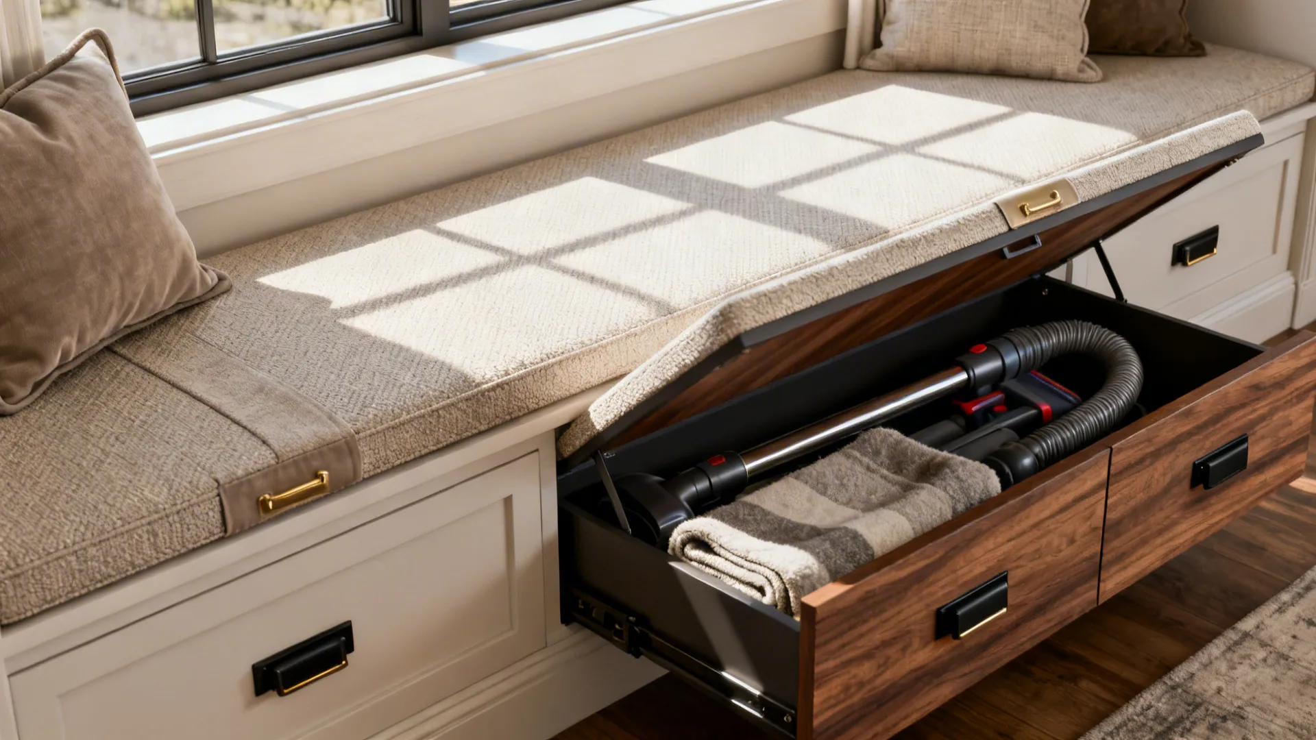 Built-in window bench with open lift-up storage showing blankets and a compact vacuum