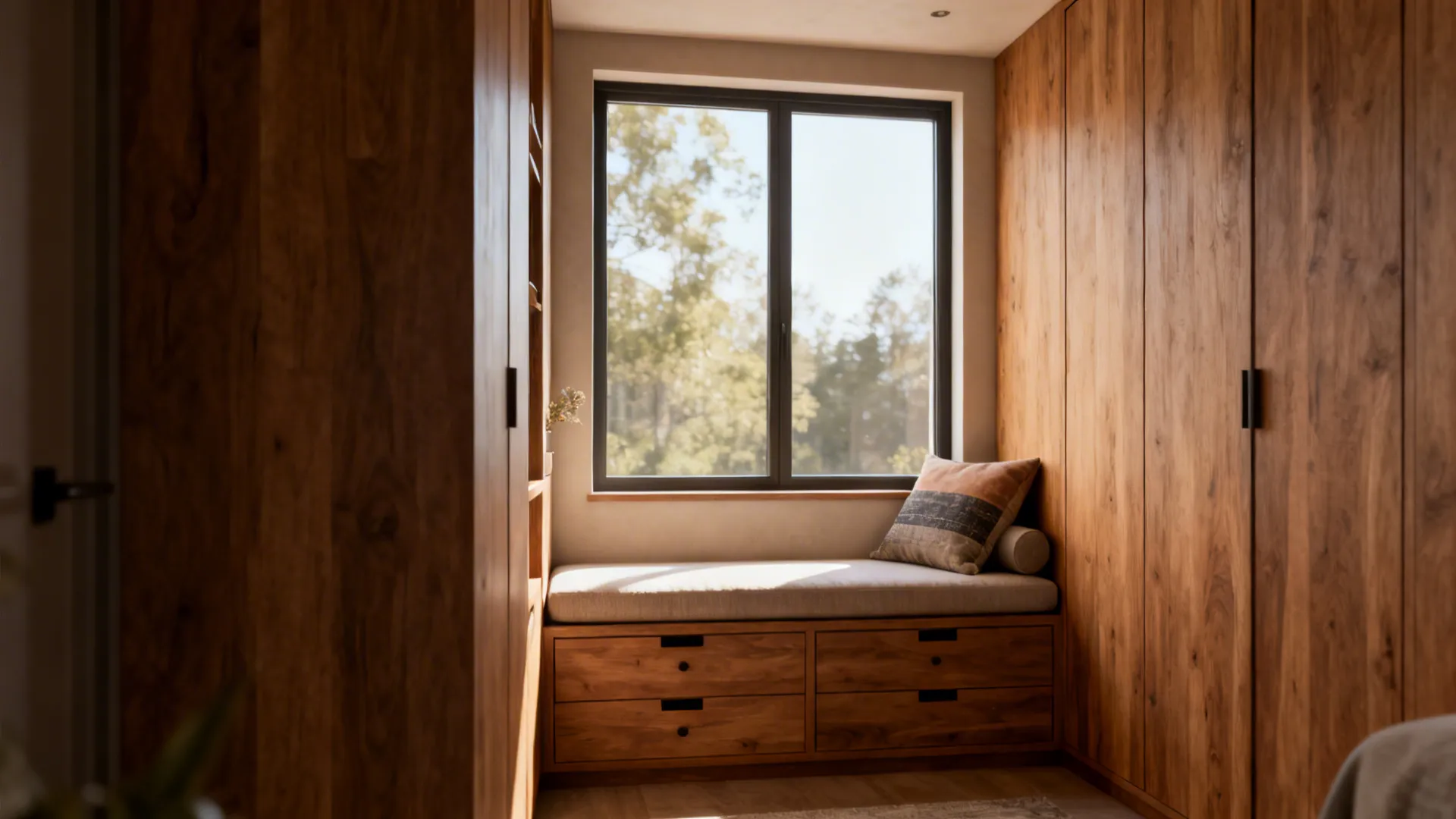 Built-in window bench with storage and cushion beneath a large window