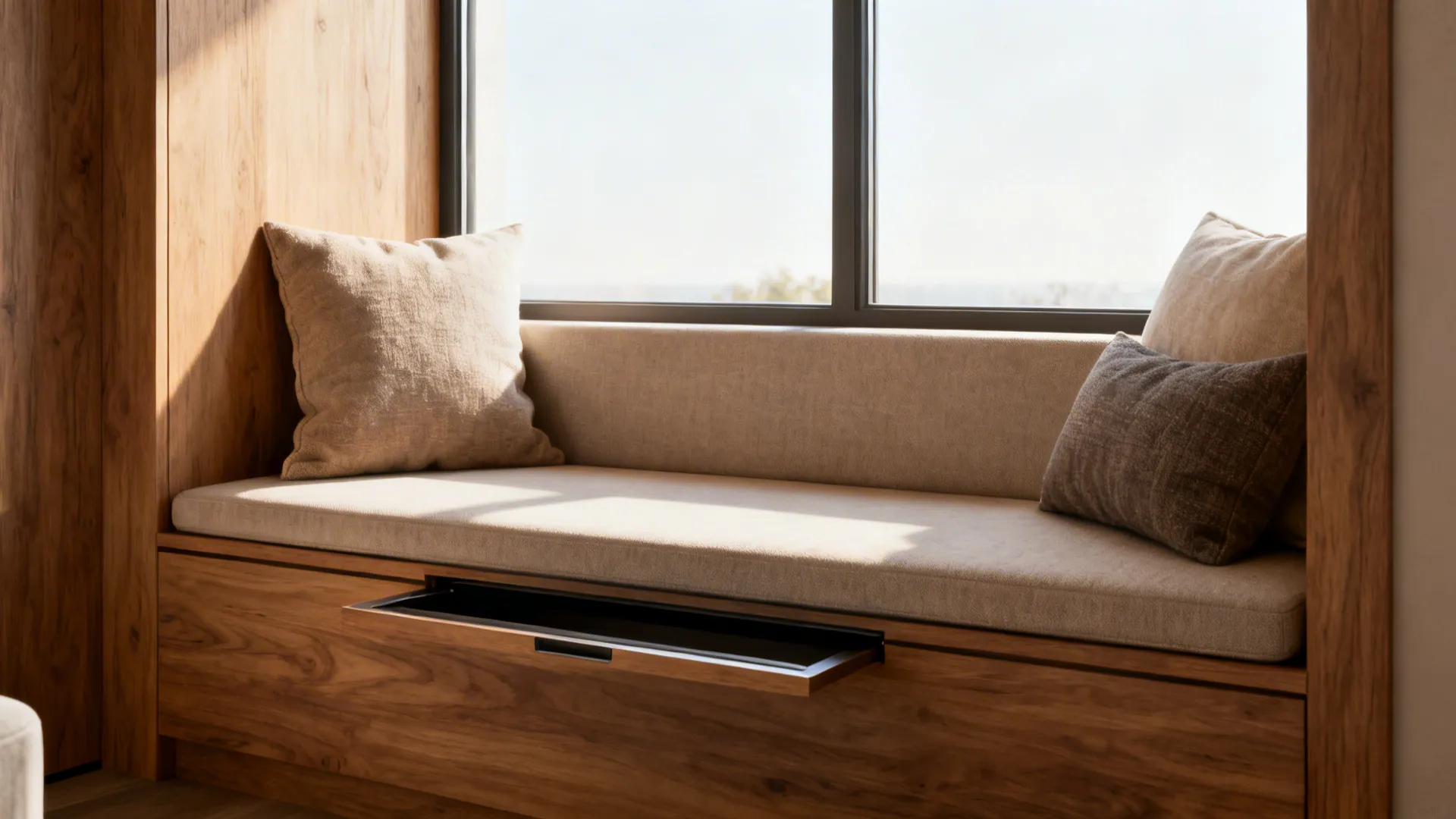 Window bench with slim back cushion and concealed storage creating a sleek seating nook.