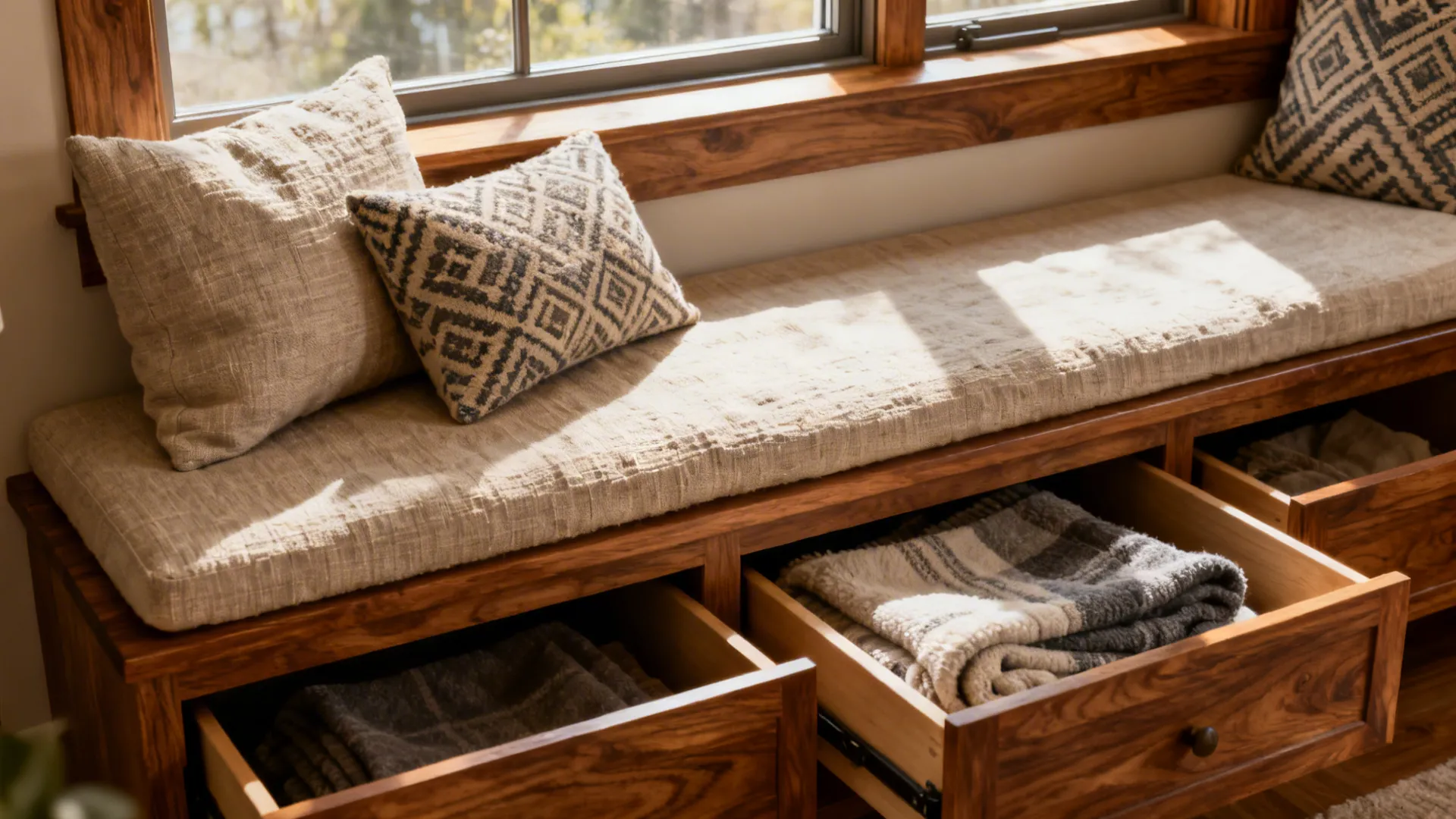 Built-in window bench with cushions and deep storage drawers beneath, photographed in soft daylight.