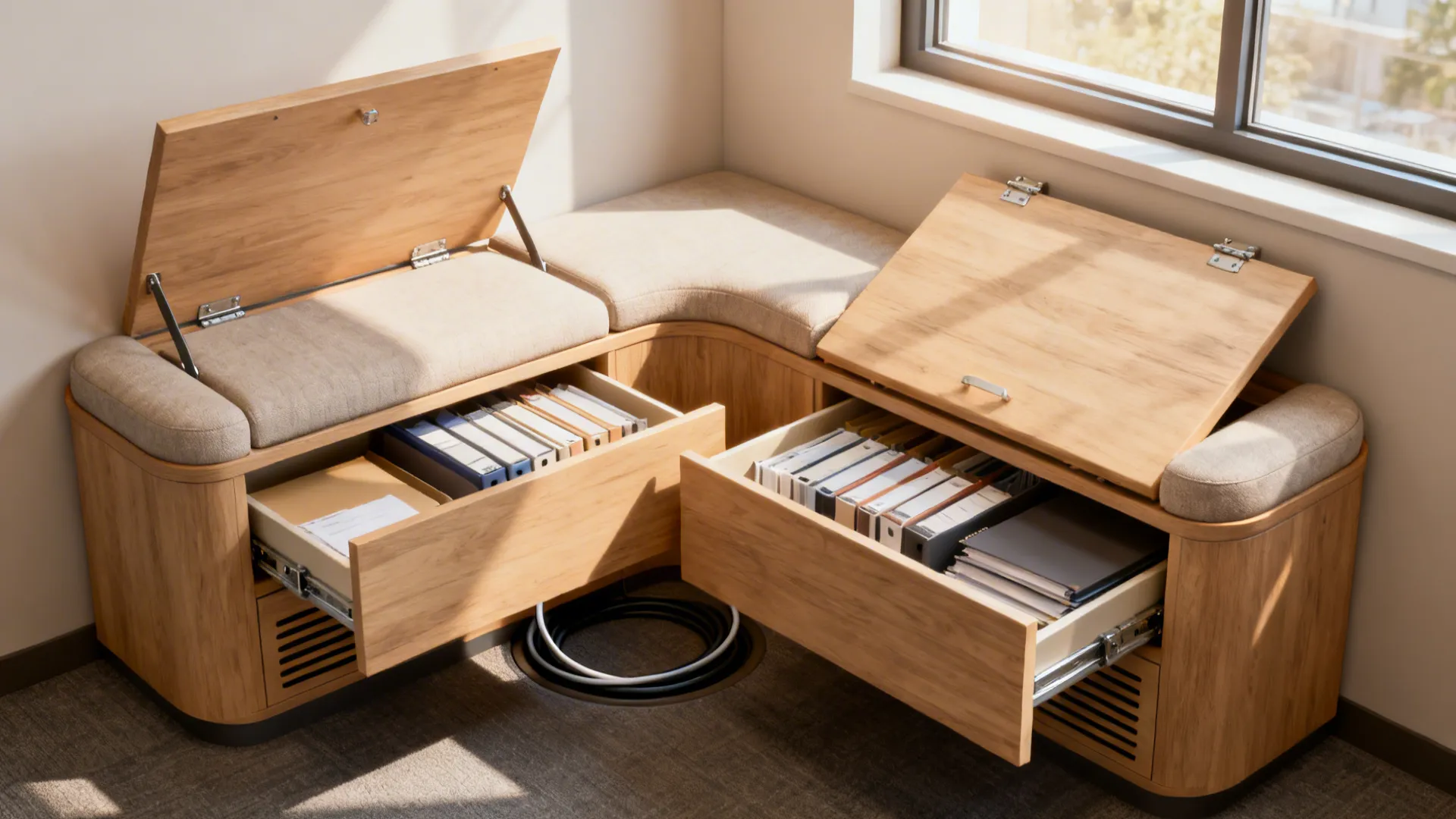 Built-in window bench with hinged lids and deep storage drawers in a small office