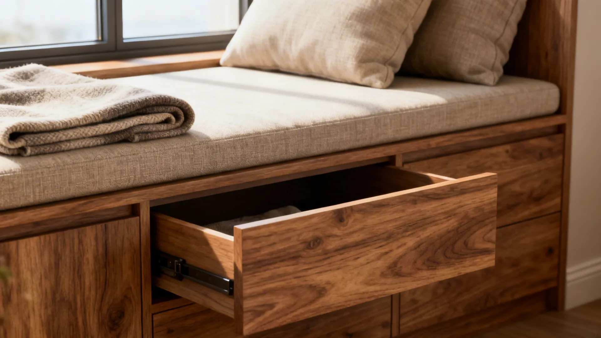 Built-in window bench with hidden storage and cozy cushions in a bedroom.