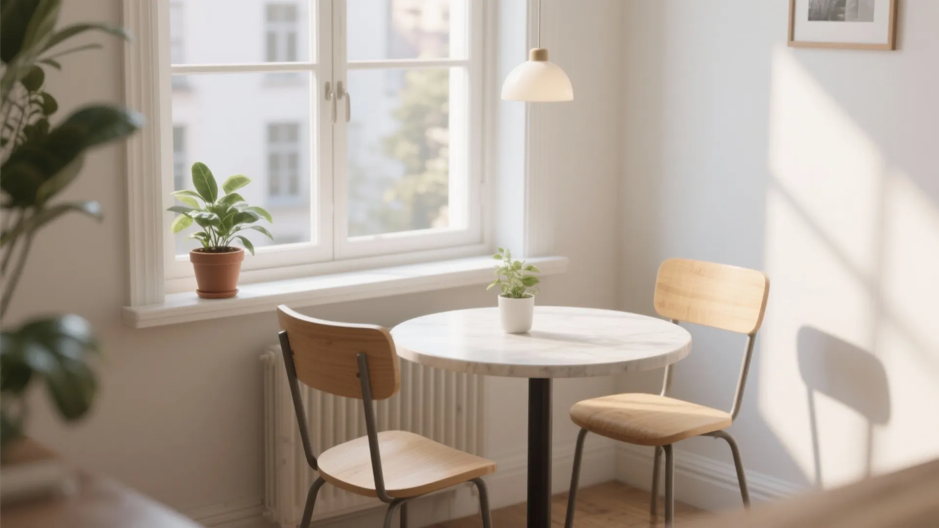 Small marble round dining table with two wooden chairs and a ceiling light near window