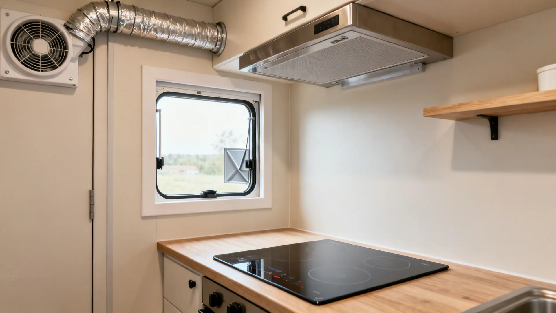 Tiny kitchen with an inline booster fan ducted to a window insert and a simple baffle filter shelf.