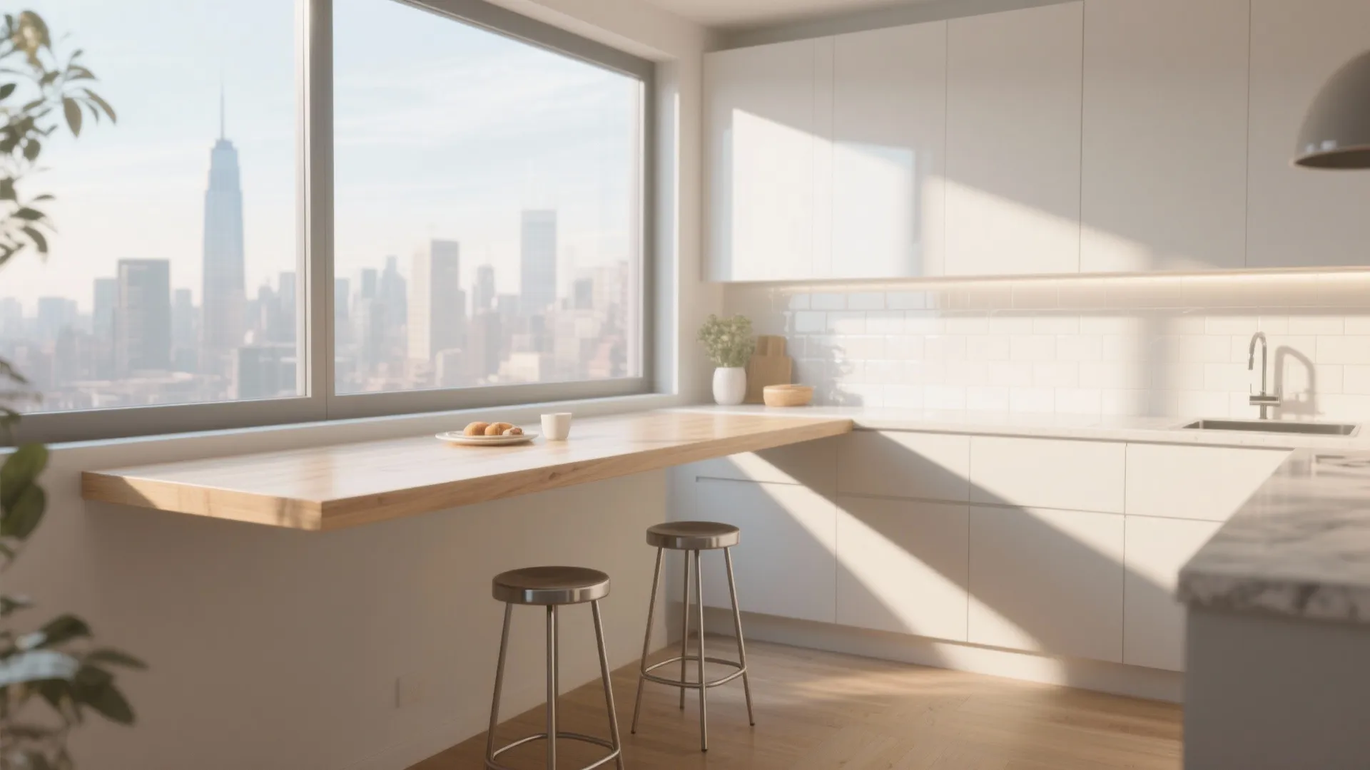 Wooden breakfast bar by a large window with city view white kitchen cabinets and stools