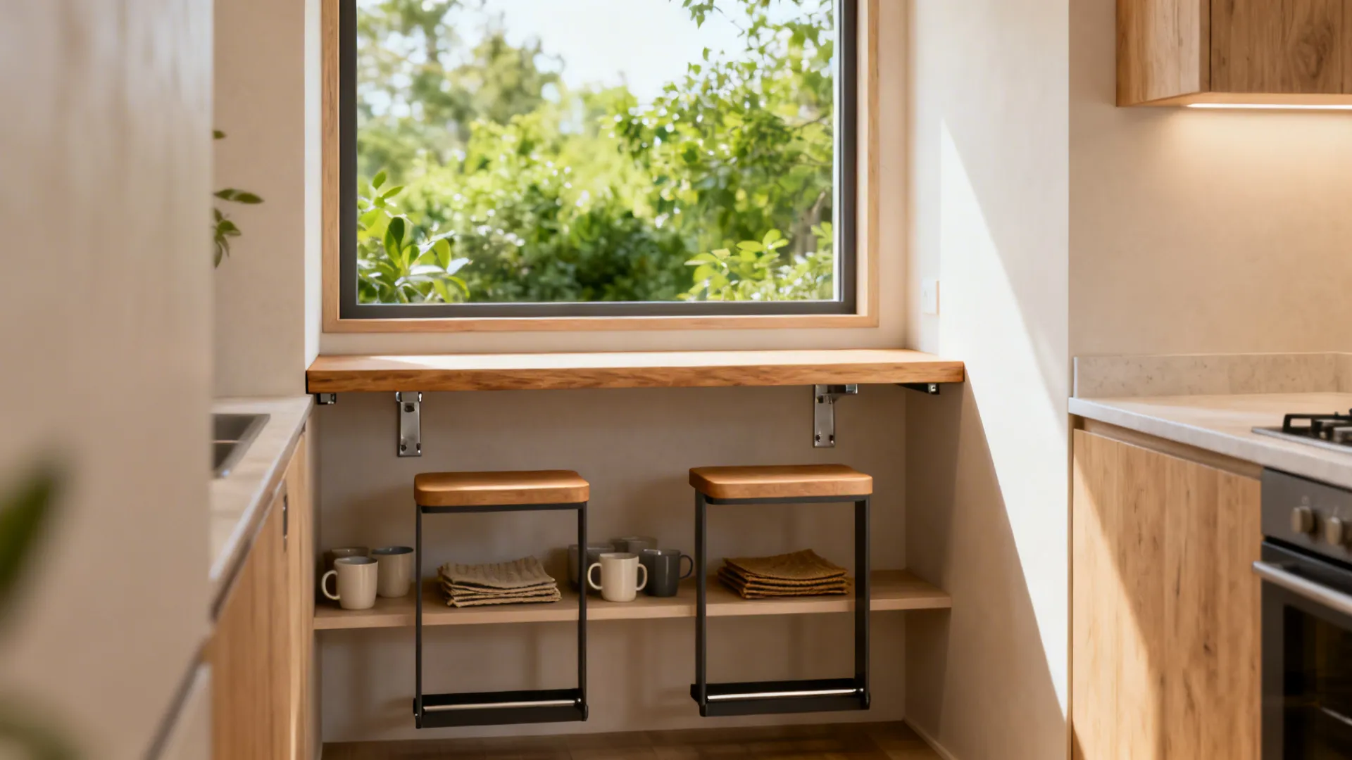 Window-facing breakfast bar with concealed brackets and shelves below in soft daylight.