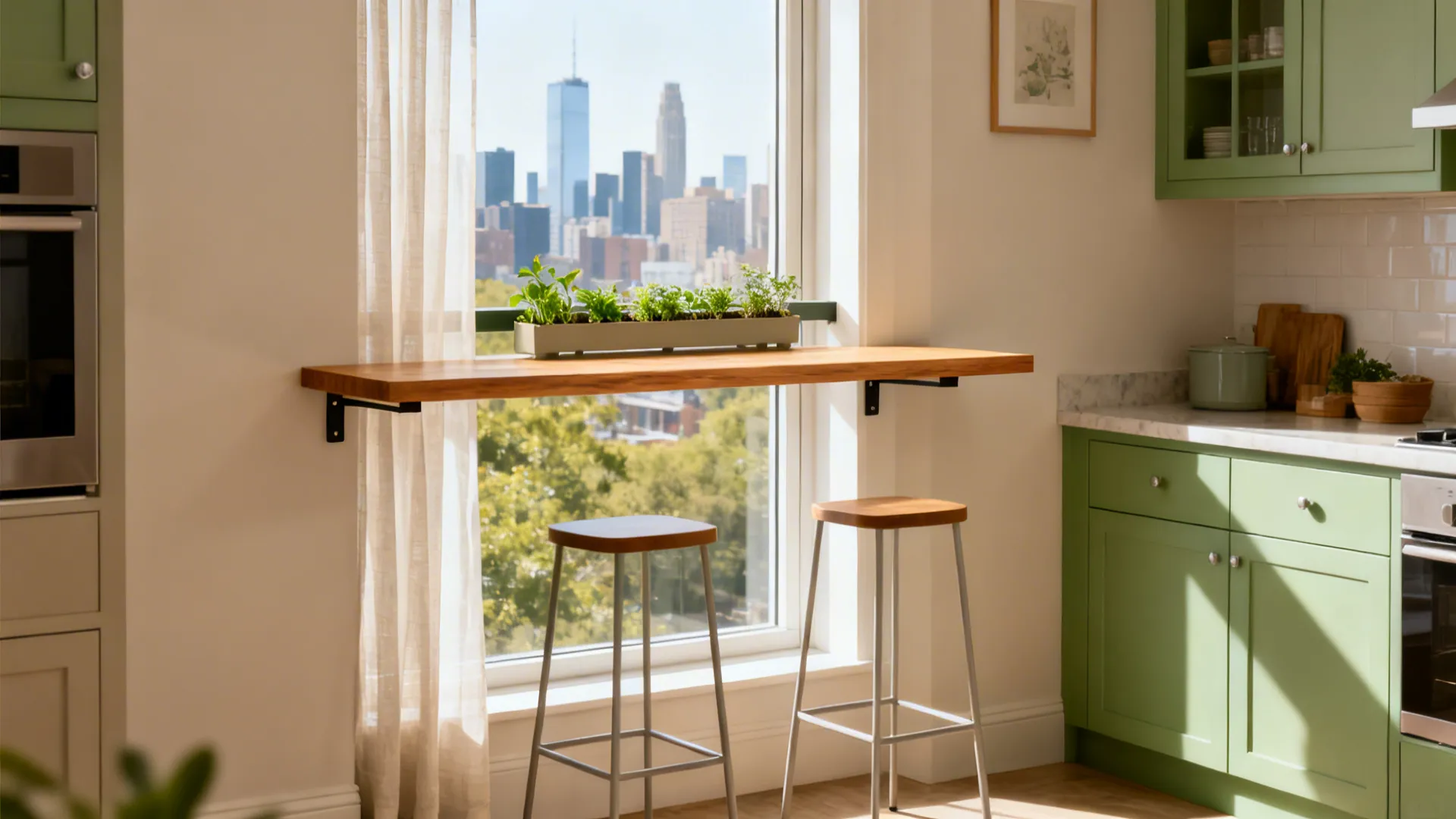Slim oak breakfast bar across a bright kitchen window with herb plants and backless stools.