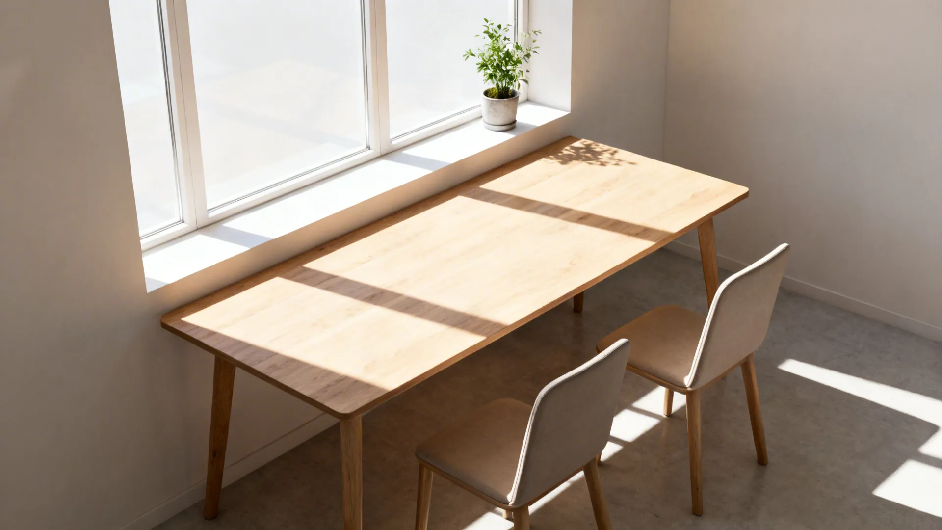 Narrow rectangular table tucked against a window forming a bright breakfast nook with two armless chairs