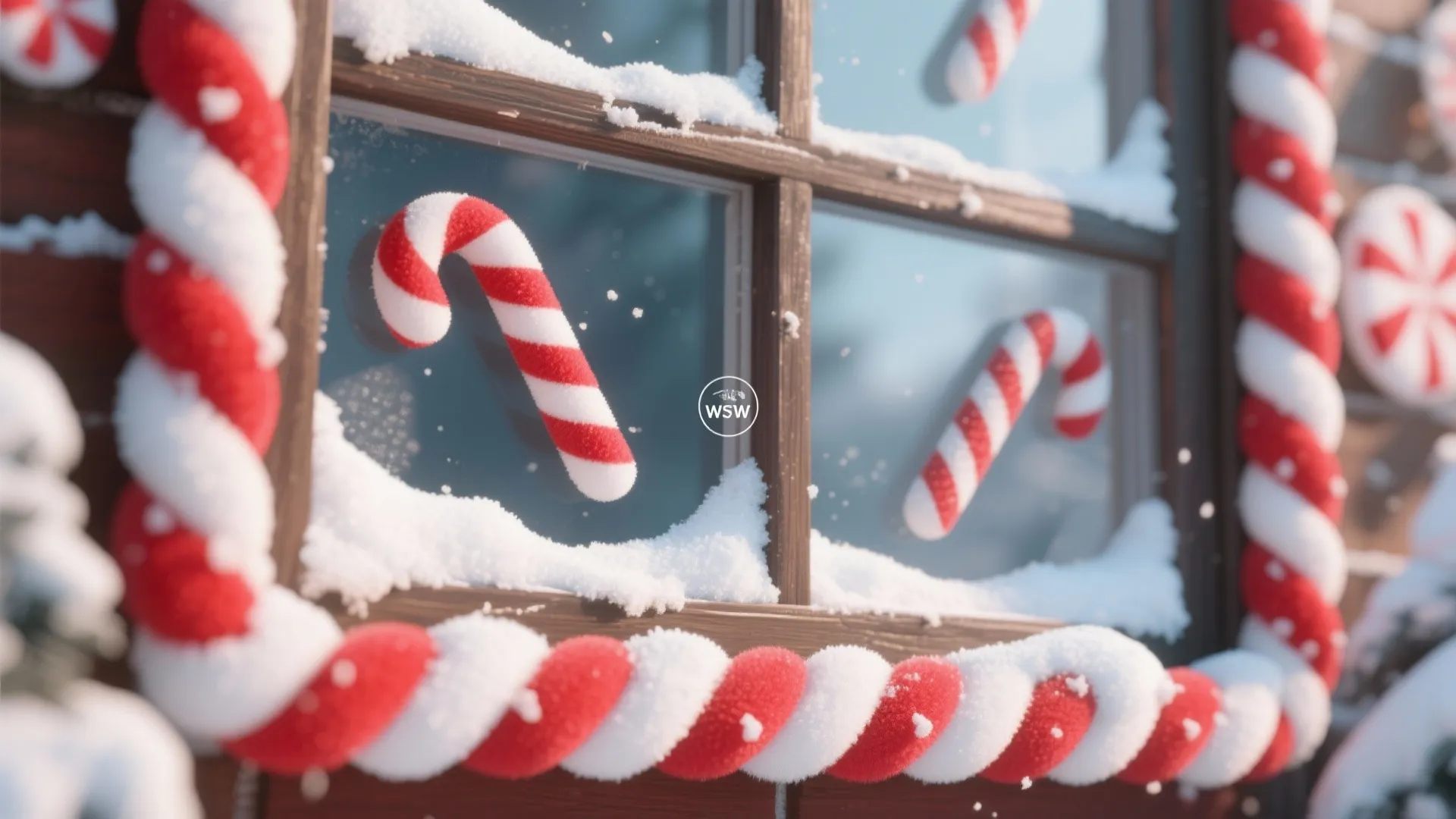 Wooden window frame with snow and candy cane stickers on glass and striped holiday garland