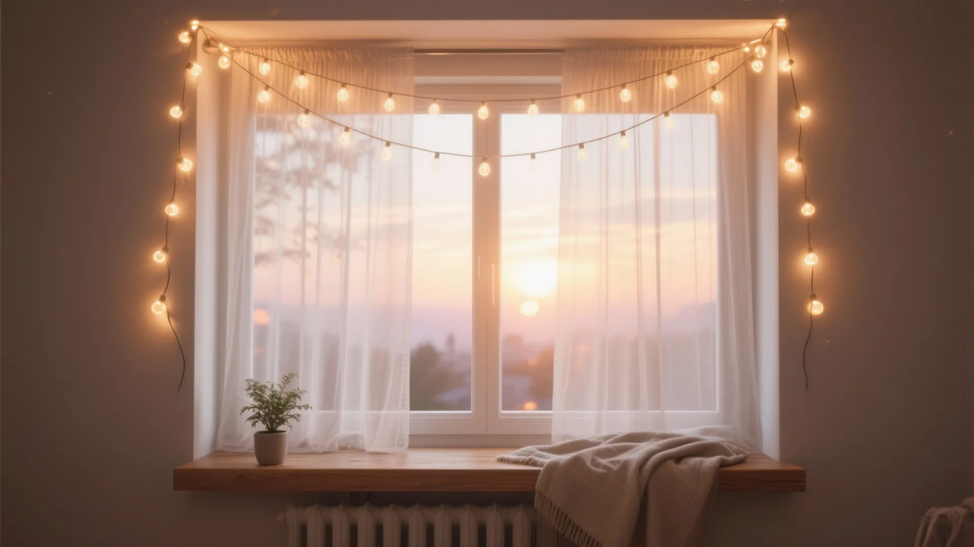 Bright window at sunset decorated with hanging string lights white curtains and small green plant