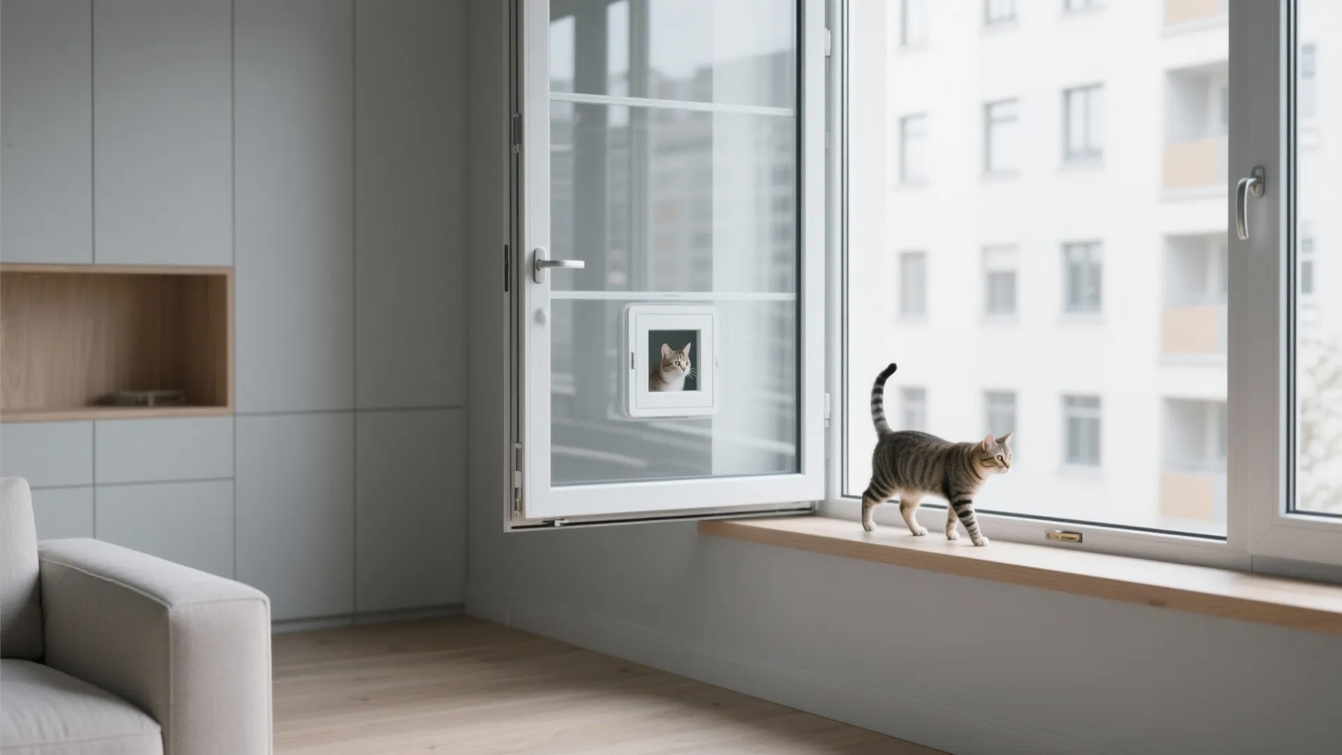 Tabby cat walks on wooden windowsill next to open white window with small pet door