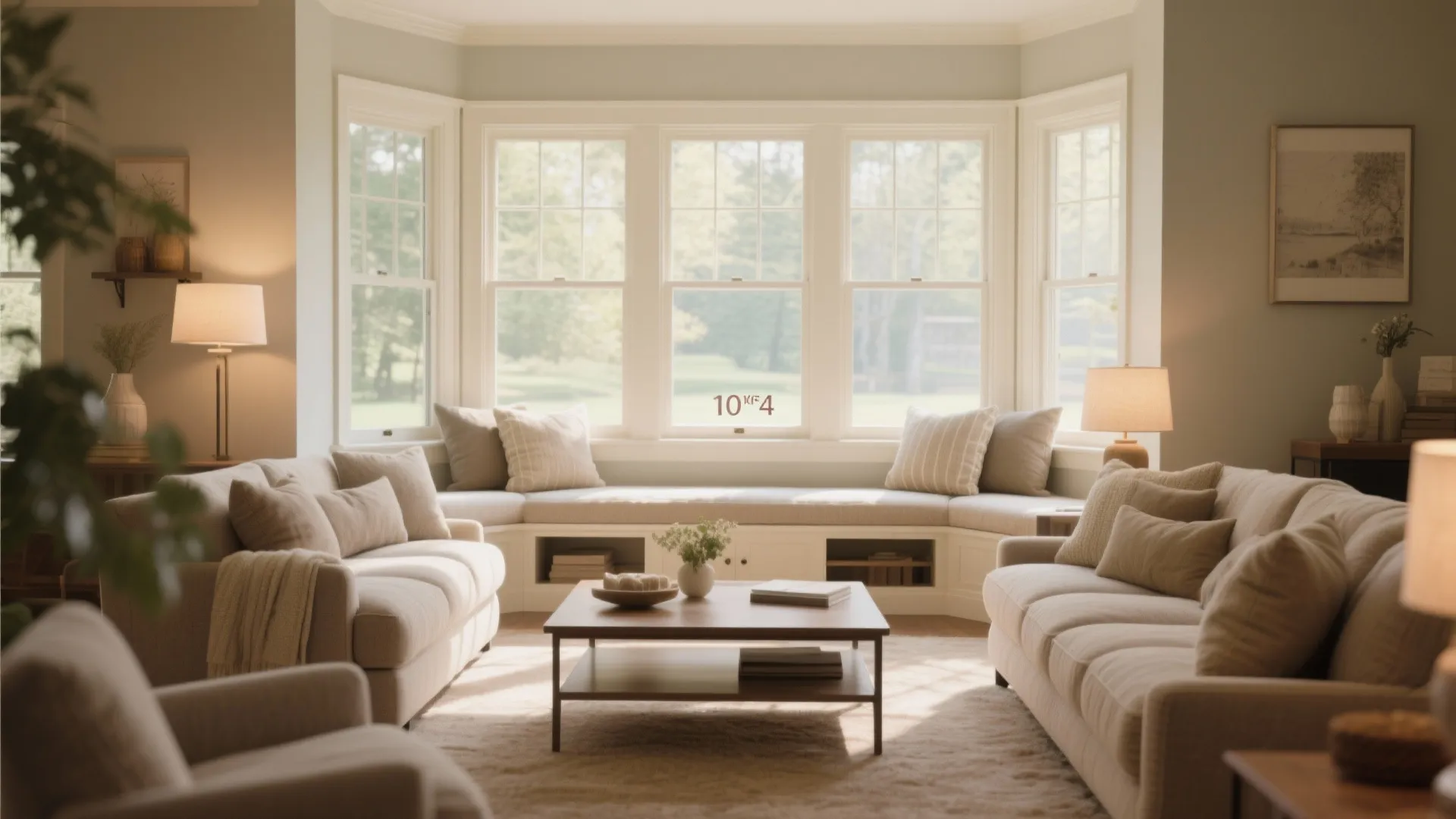 Cozy living room interior with bay windows built in seating beige sofas and wooden coffee table