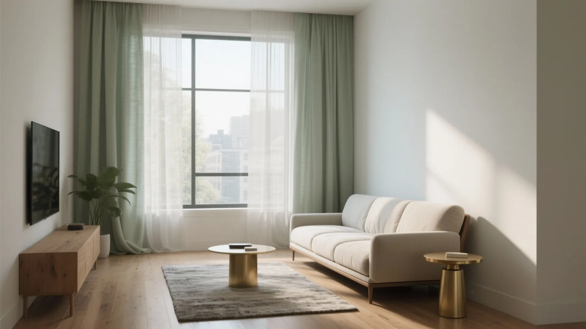 Modern living room with green curtains large window white sofa gold side tables and cabinet