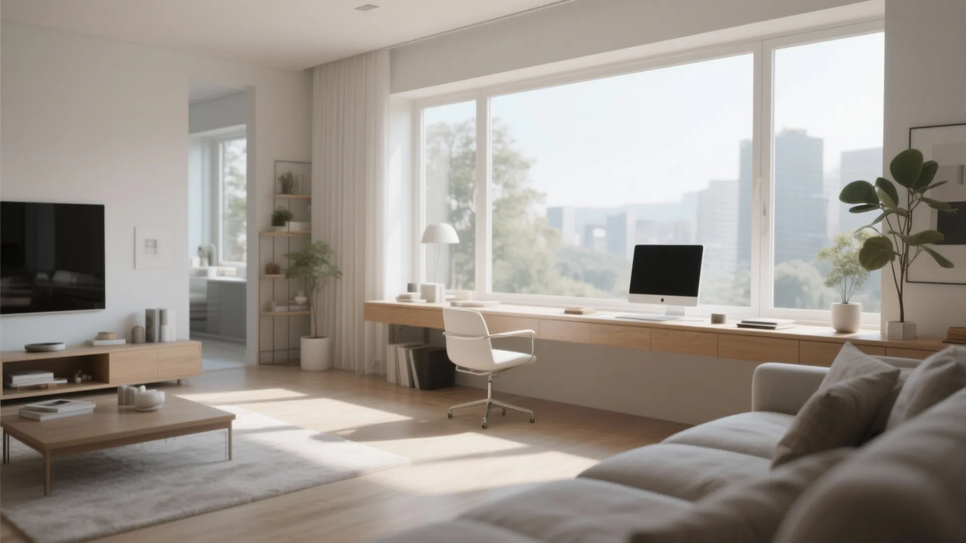 Bright open living space with long wooden window desk white chair sofa and natural light