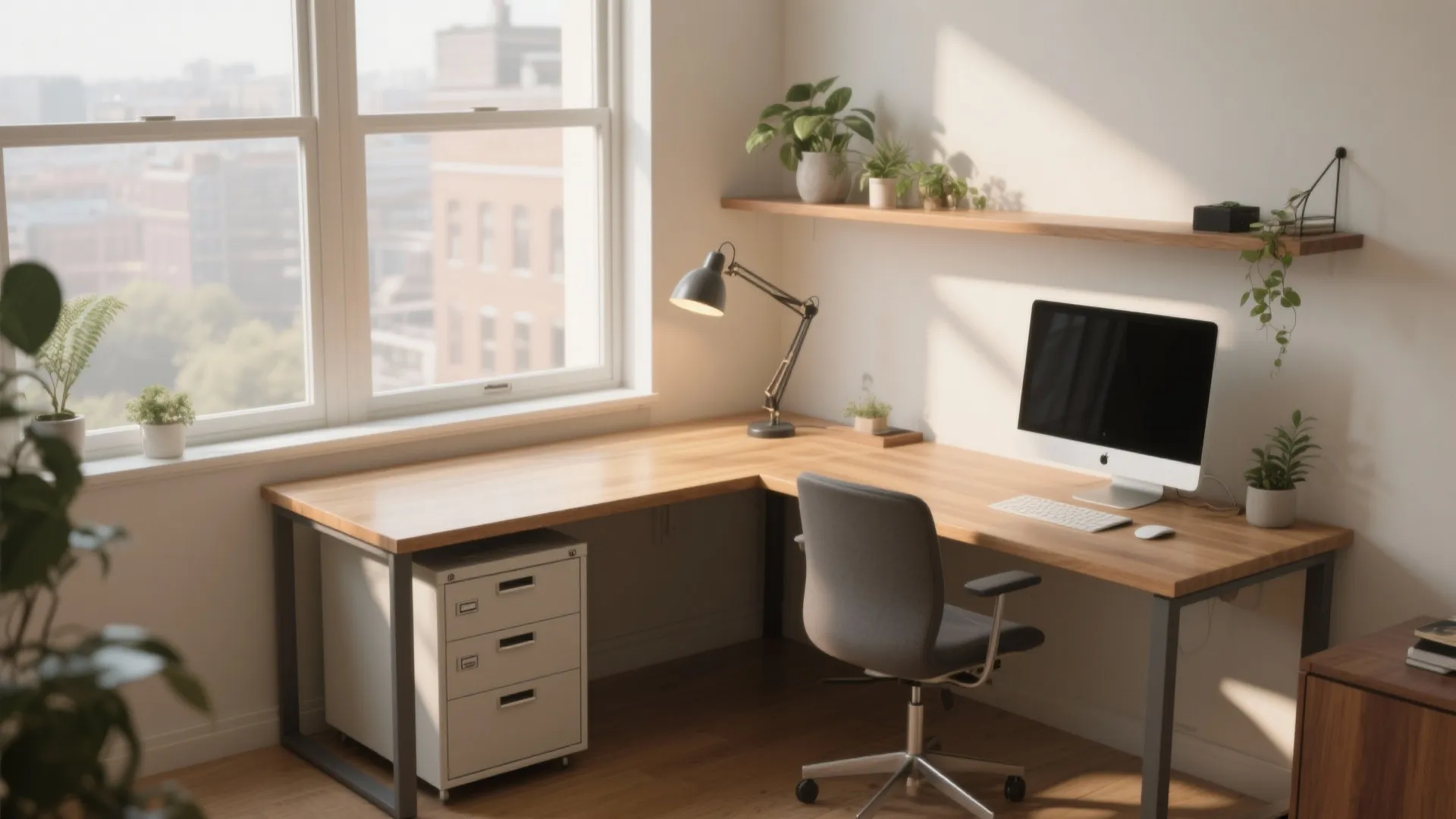 L-shaped desk with the short leg under a window, slim filing cabinet and a shelf with plants, bathed in natural light.