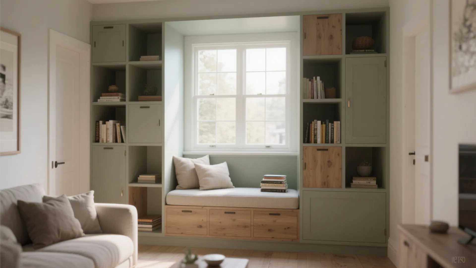 Green and wood storage cabinet built around a window with a small bench and cushions