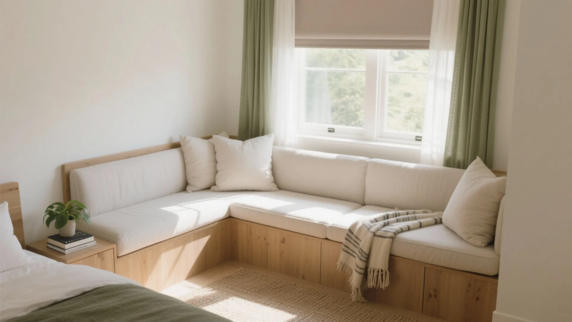 Bright bedroom corner with wooden bench white sofa cushions green curtains and natural window light