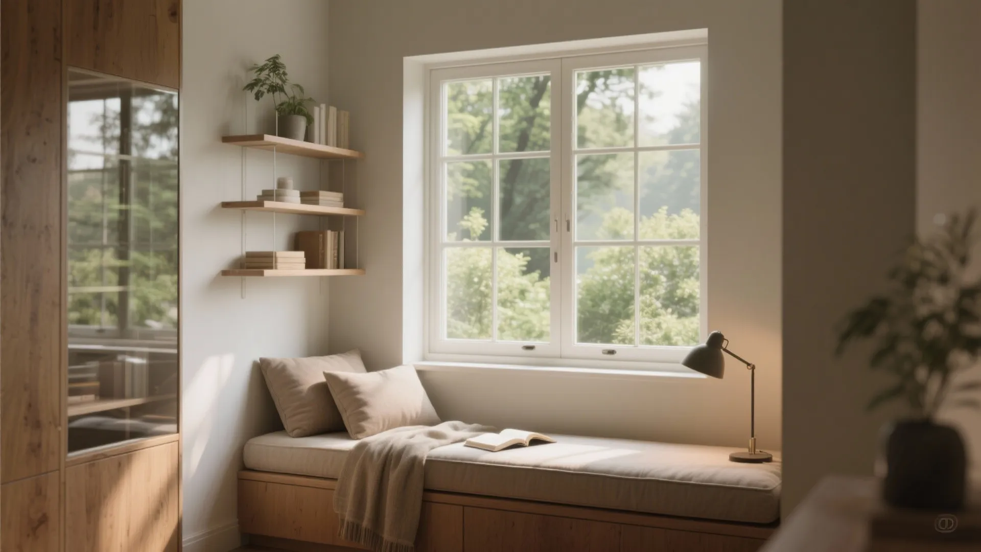 Narrow daybed tucked under a window with floating shelves and a reading lamp, looking onto greenery.