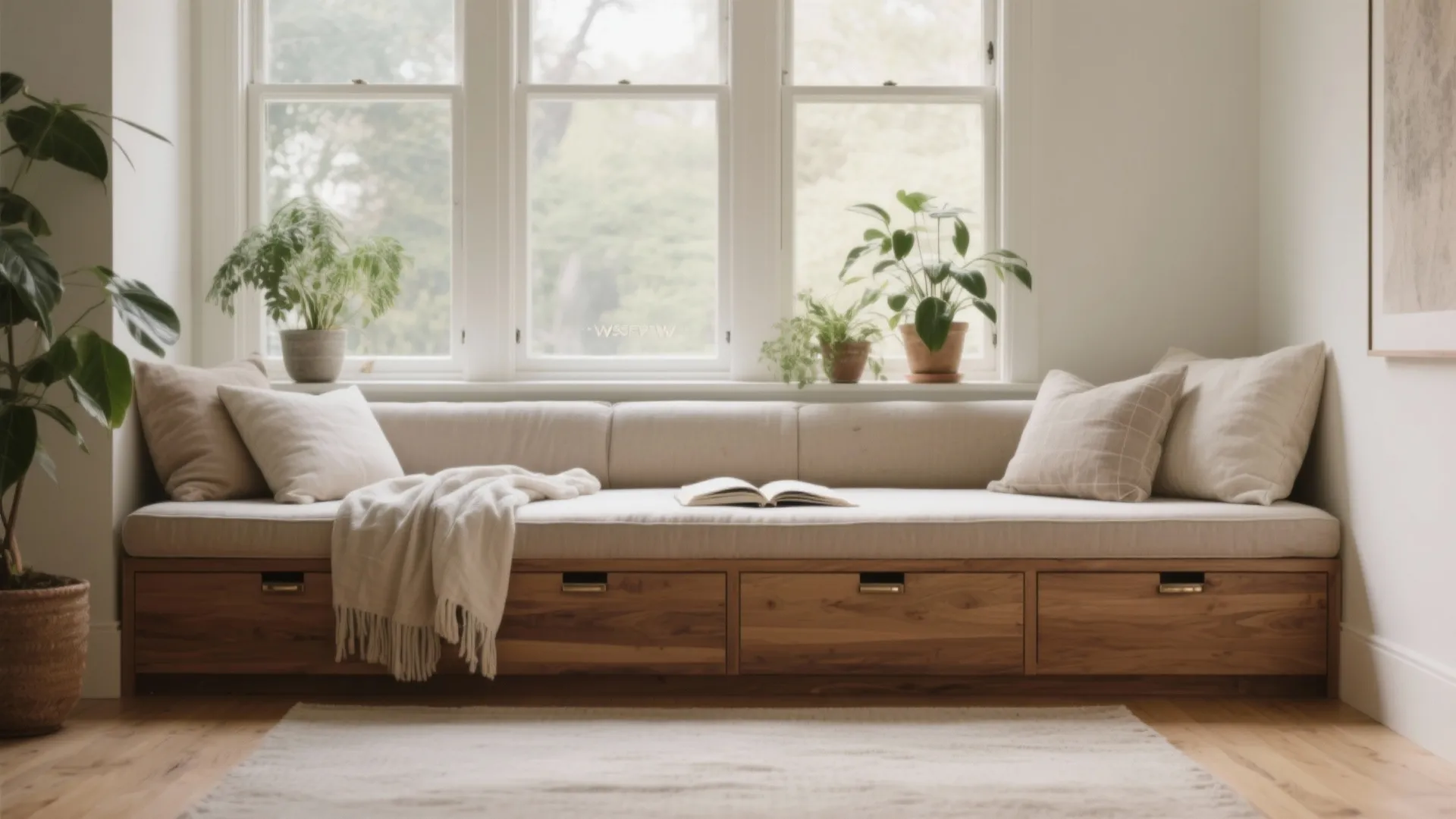 Large wooden window seat with cream cushions and pillows next to indoor plants and sunlight