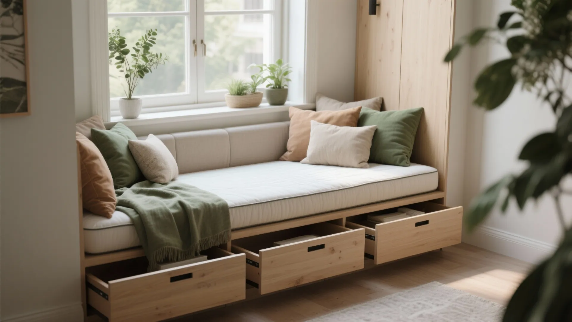 Wooden window seat daybed with three open storage drawers green pillows and plants on the sill