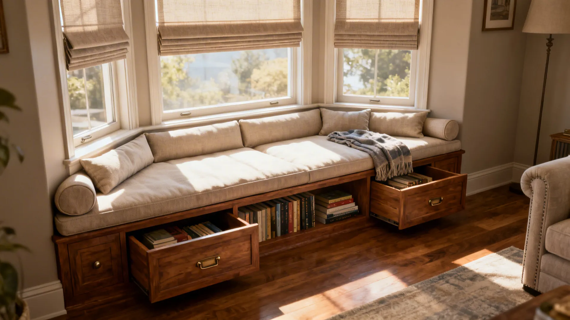 Built-in 70-inch window daybed with storage drawers, bolsters, and layered shades in soft daylight.