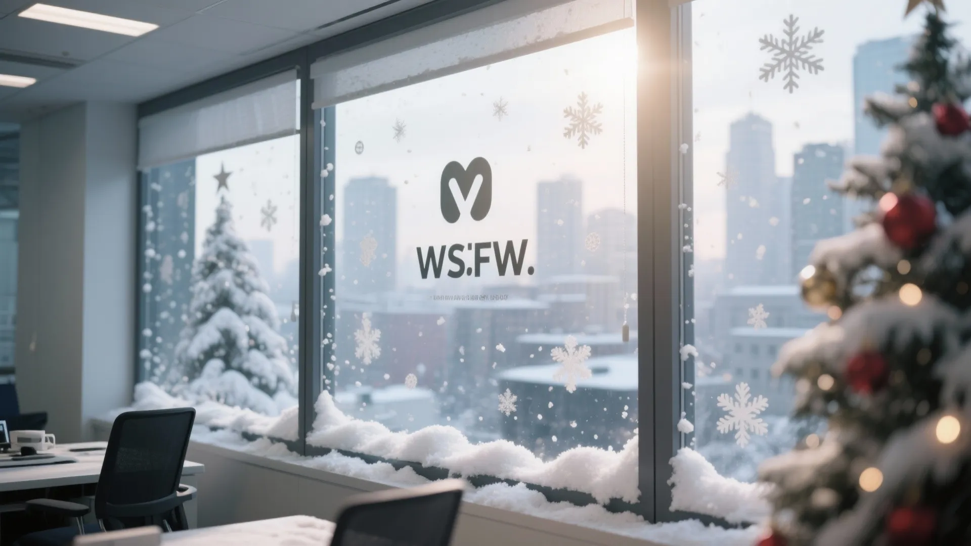 Office window decorated with snowflake decals and fake snow looking out at a city skyline view