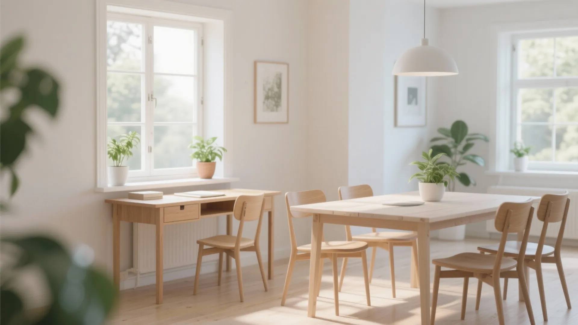 Small desk placed by bright dining room window