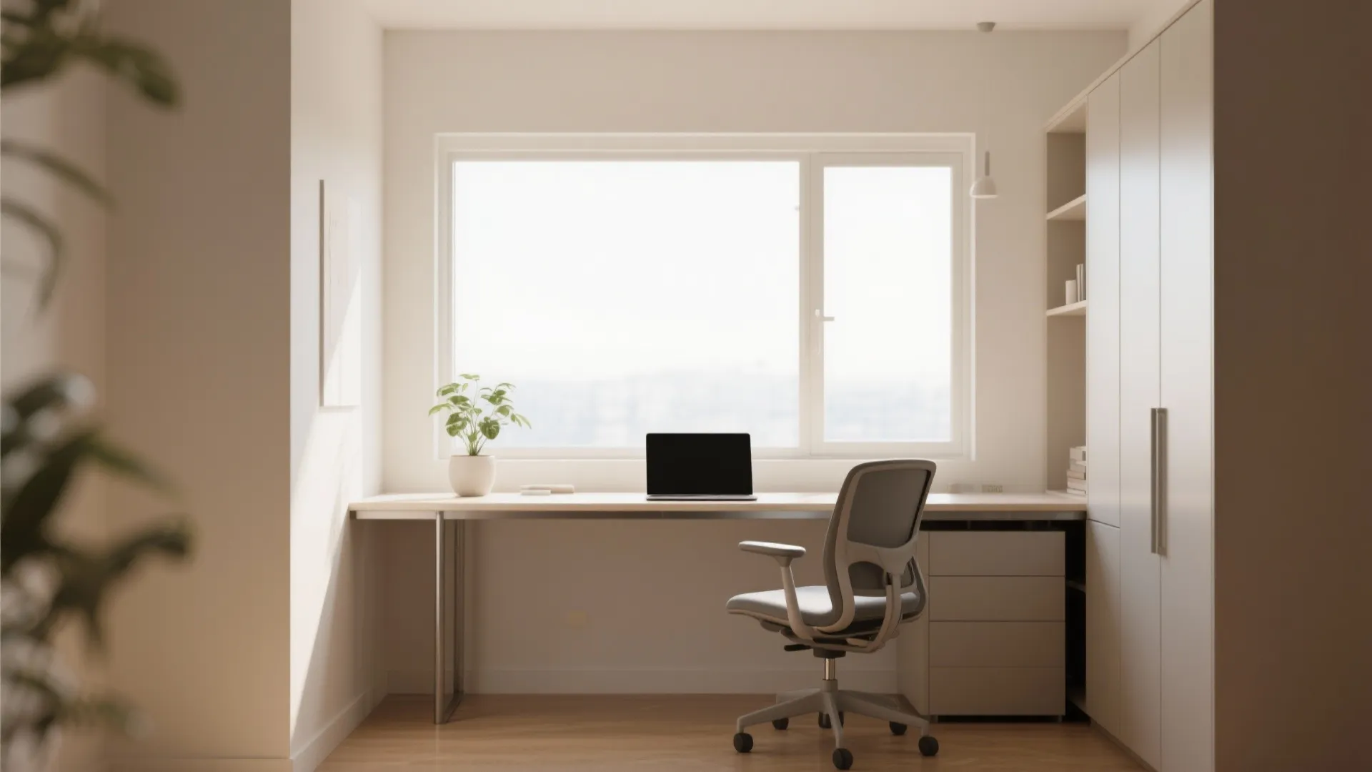 Slim desk positioned by a window with an ergonomic chair and natural light.