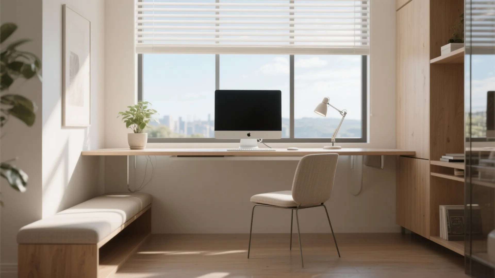 Bright home office with computer on wooden desk by window with blinds and beige chair