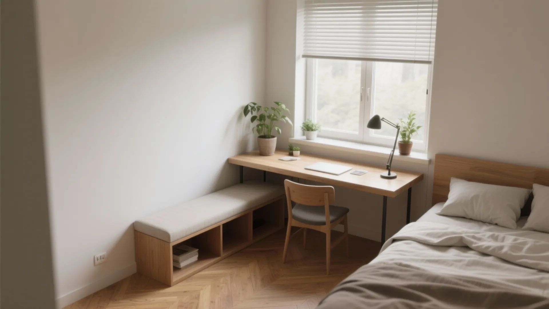 Small bedroom with a desk placed under the window, low bench storage, plants and a slim blind to control glare.