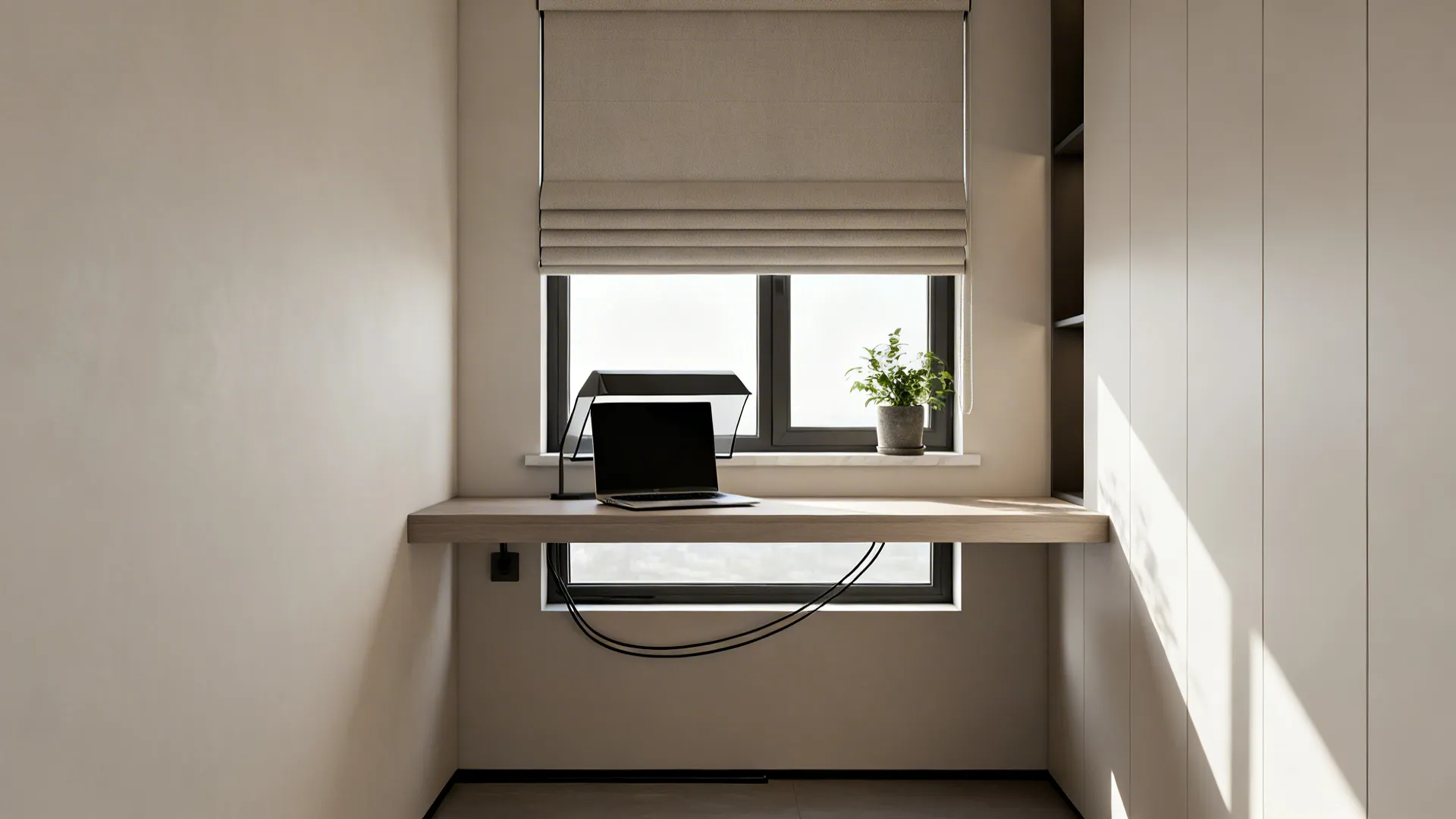 Slim floating desk under a bright window with neat cable management and a roller blind.