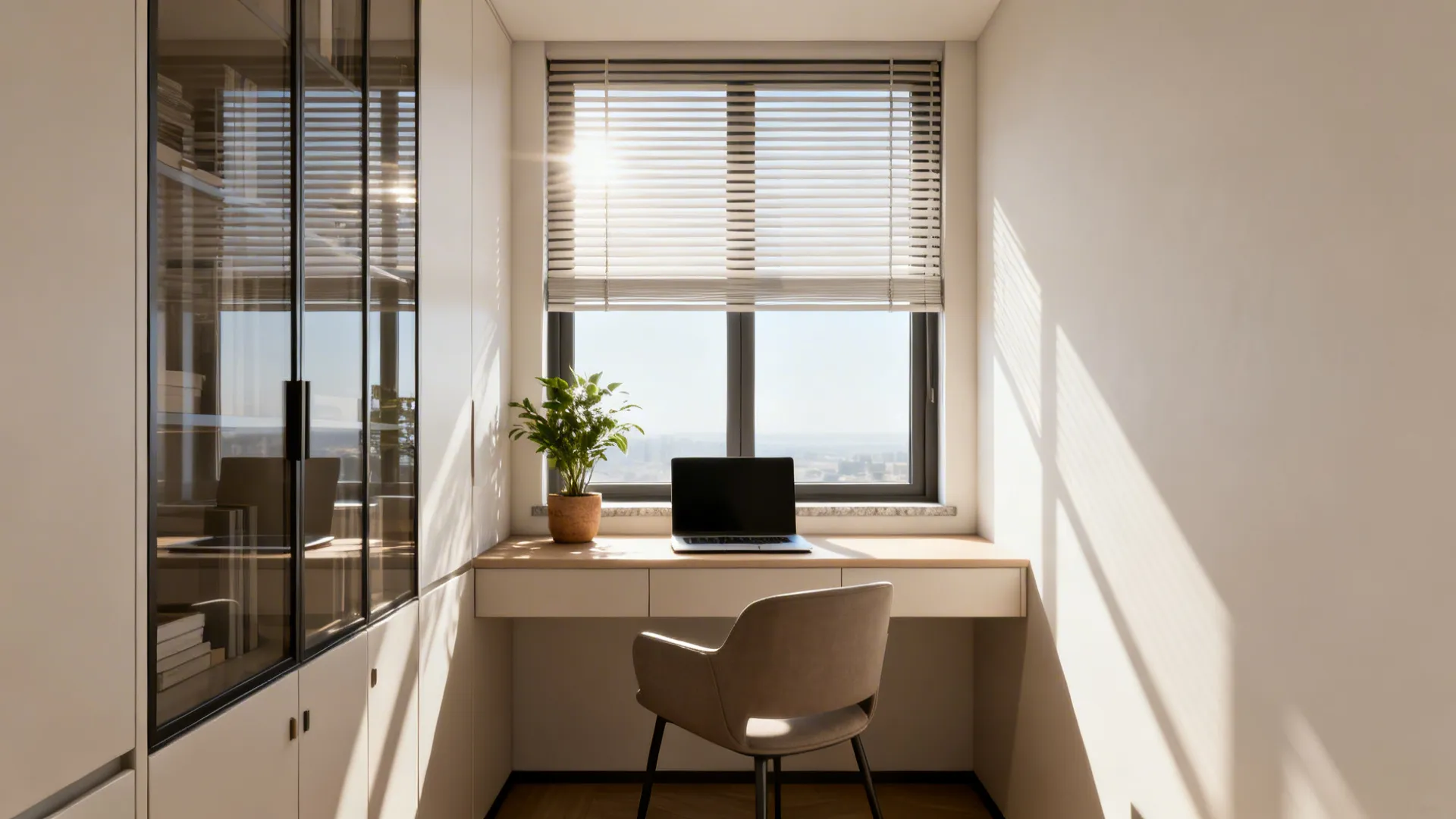 Desk placed in front of a window with light-colored storage and adjustable blinds