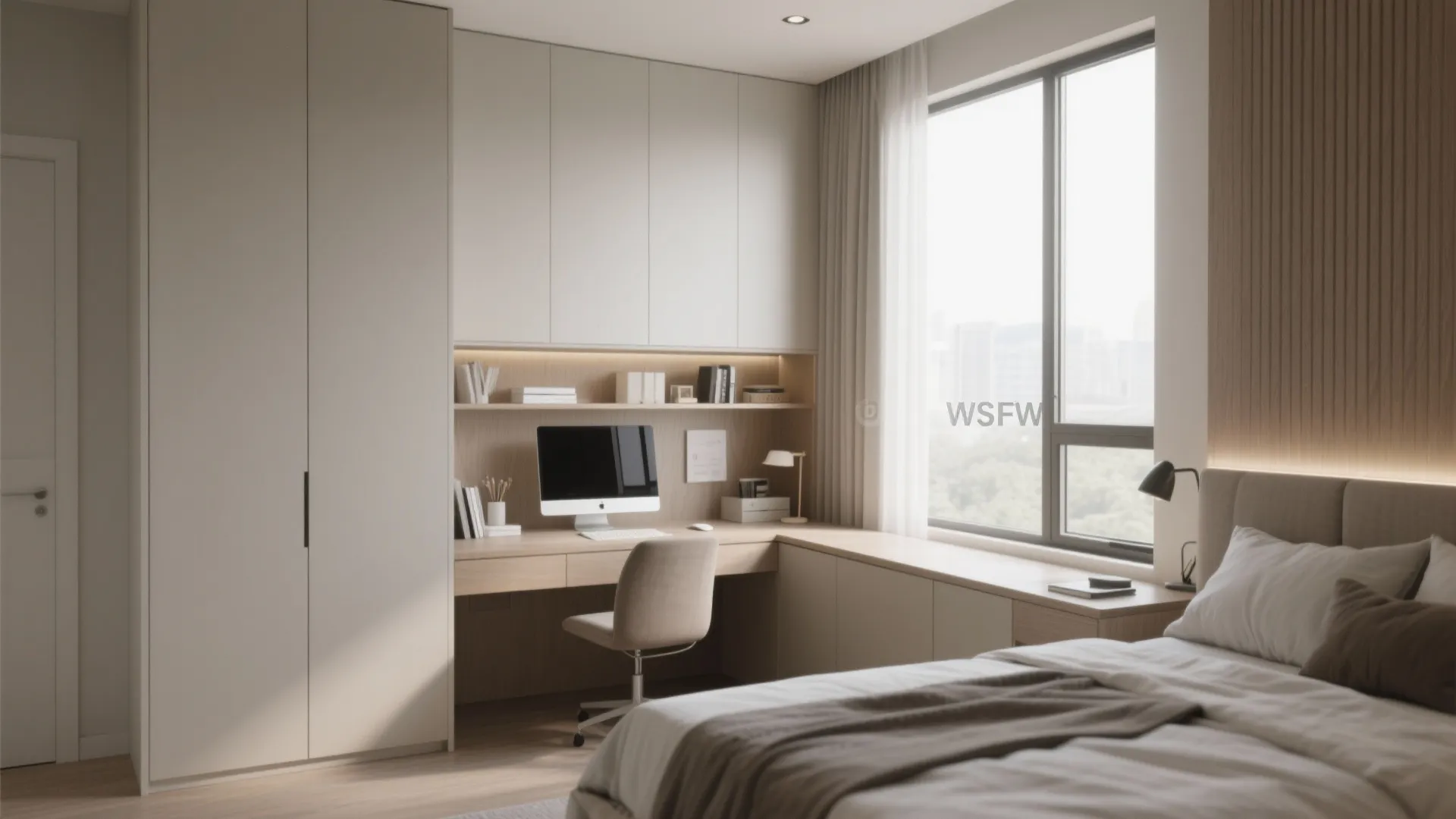 Modern bedroom featuring built in desk by window with computer monitor chair and white cabinets