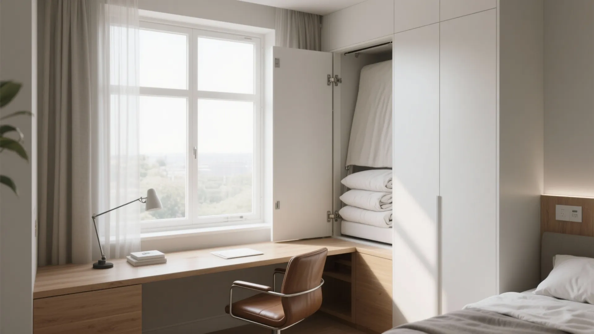 1. Window-facing desk with fold-down guest bed