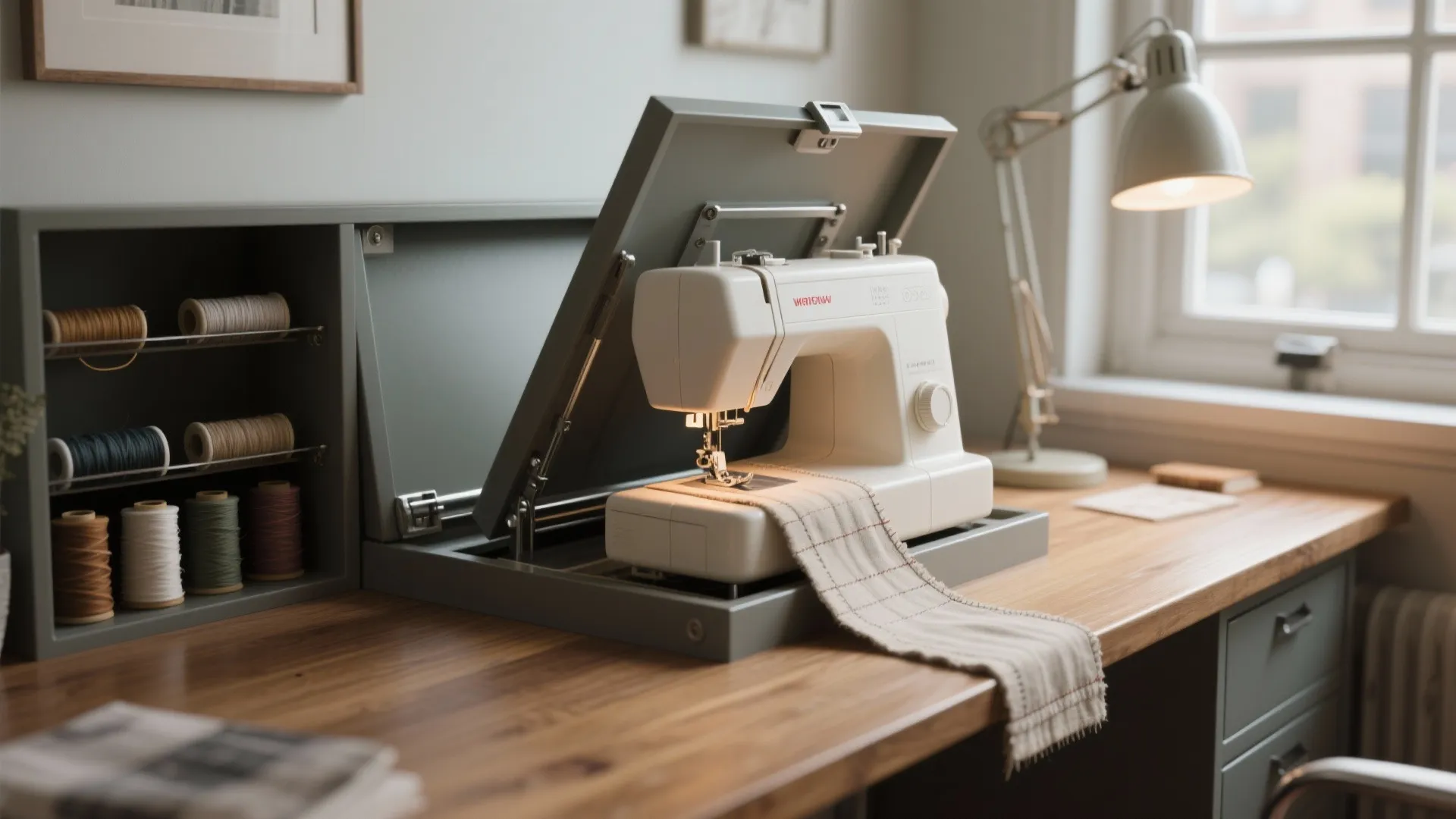 Compact sewing machine on wooden desk next to window with threads stored in side cabinet