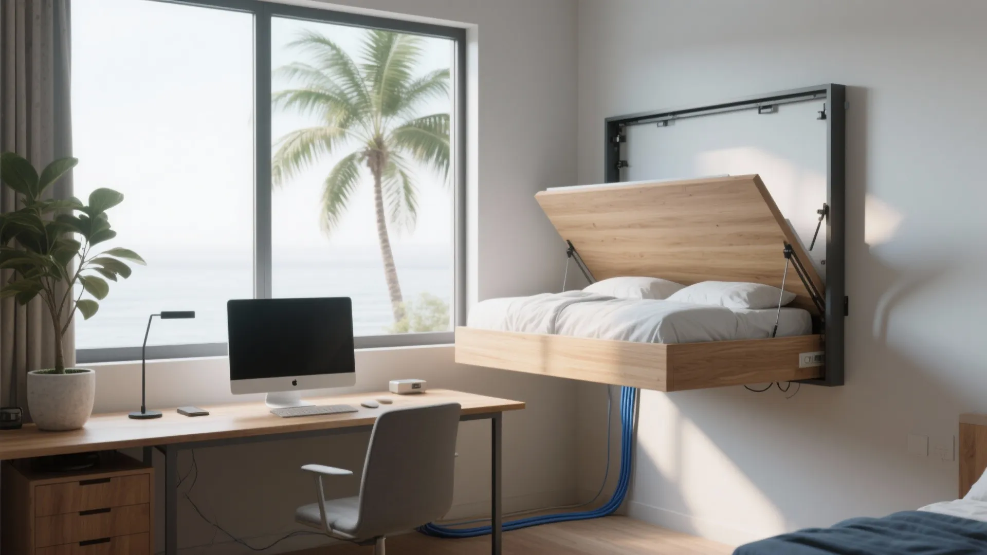 1. Window-Facing Desk with a Fold-Down Bed
