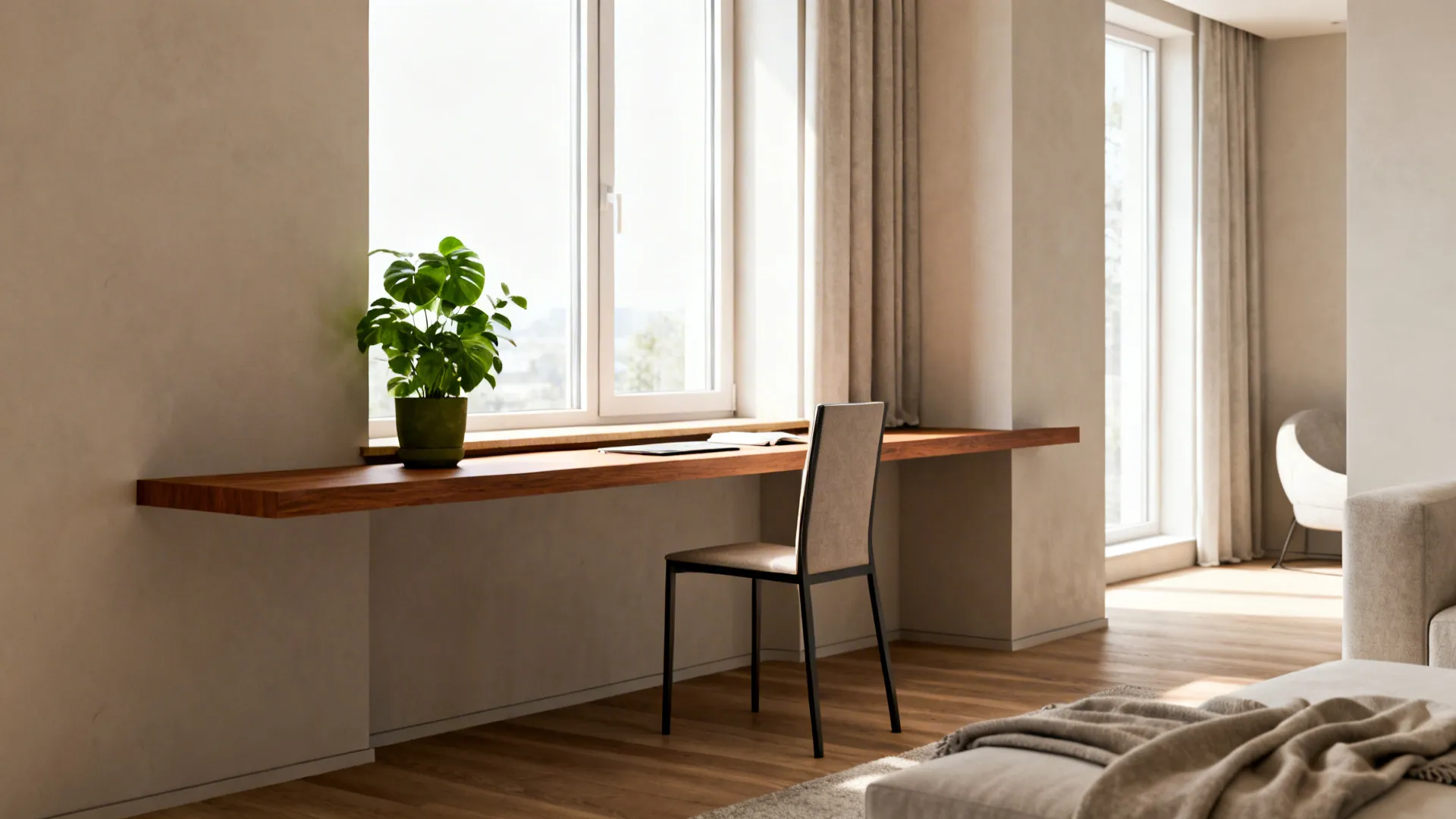 Slim floating desk under a bright window with a narrow chair and plants, minimal living-room workspace.